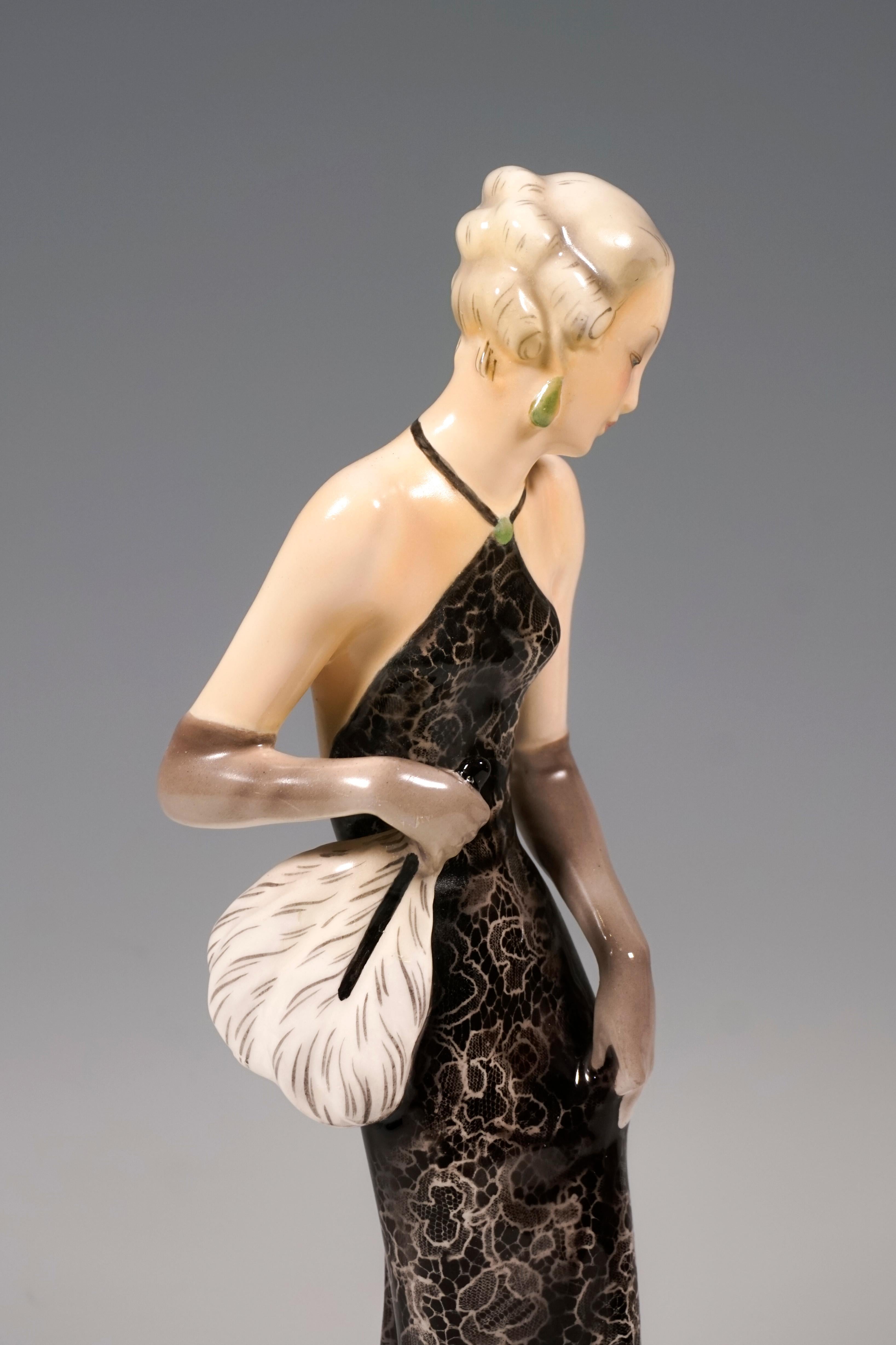 Hand-Painted Goldscheider Vienna Figurine 'Eveneing Dress', by Josef Lorenzl, circa 1935