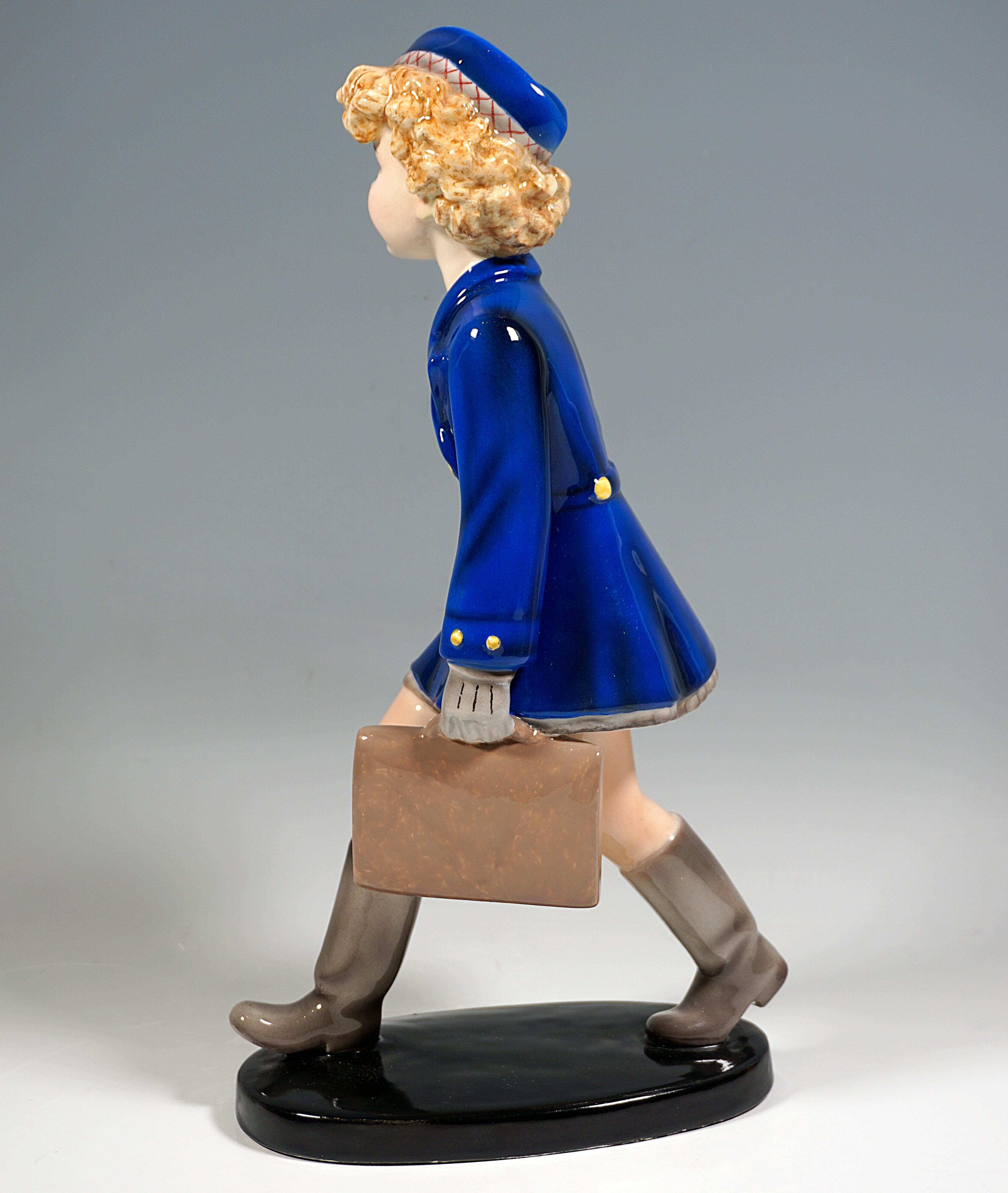 Austrian Goldscheider Vienna Figurine, Girl In School Uniform, by Stephan Dakon, ca 1939 For Sale