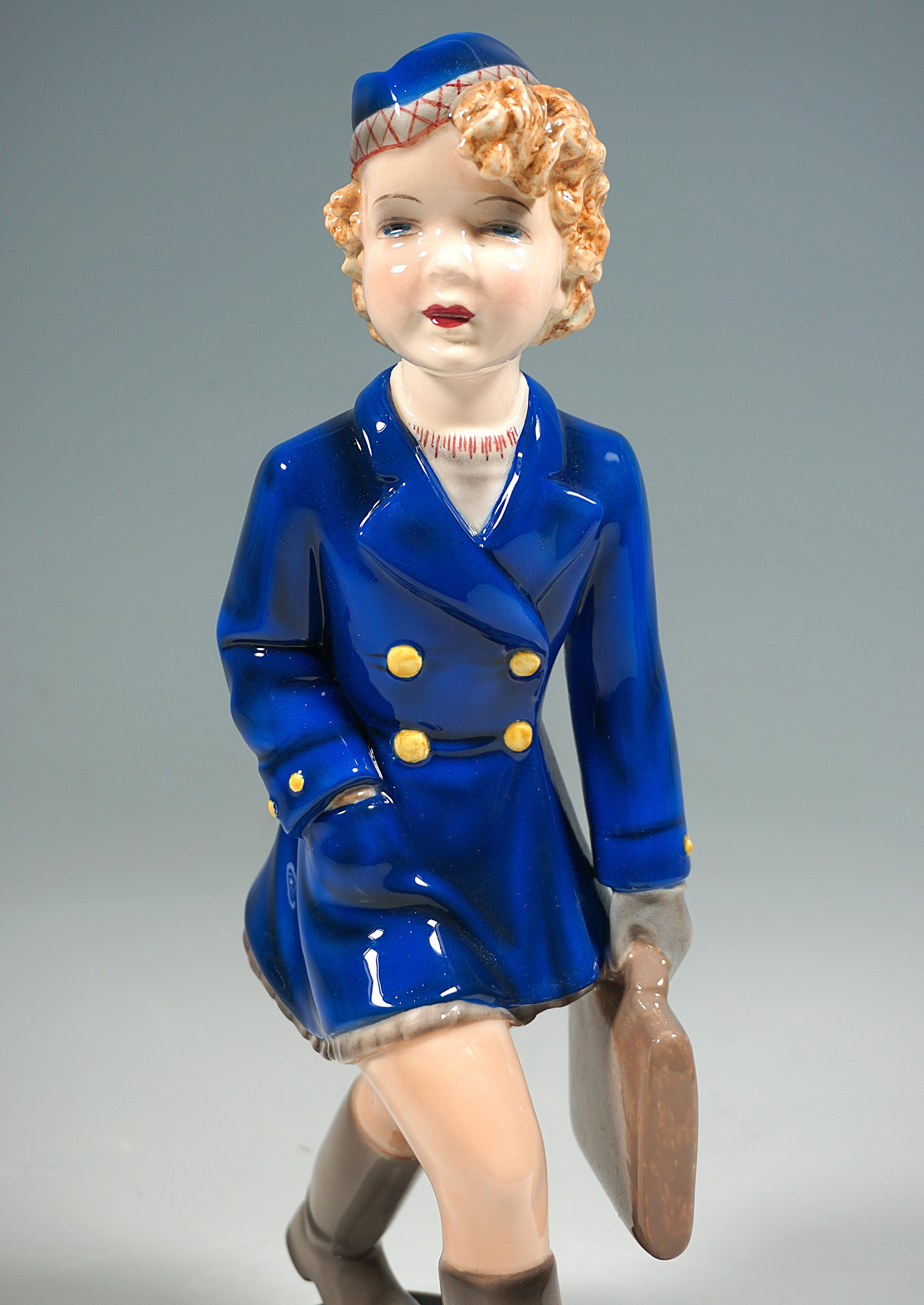 Hand-Crafted Goldscheider Vienna Figurine, Girl In School Uniform, by Stephan Dakon, ca 1939 For Sale