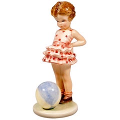 Goldscheider Vienna Figurine 'Joujou' Girl with Ball by Germaine Bouret, 1936