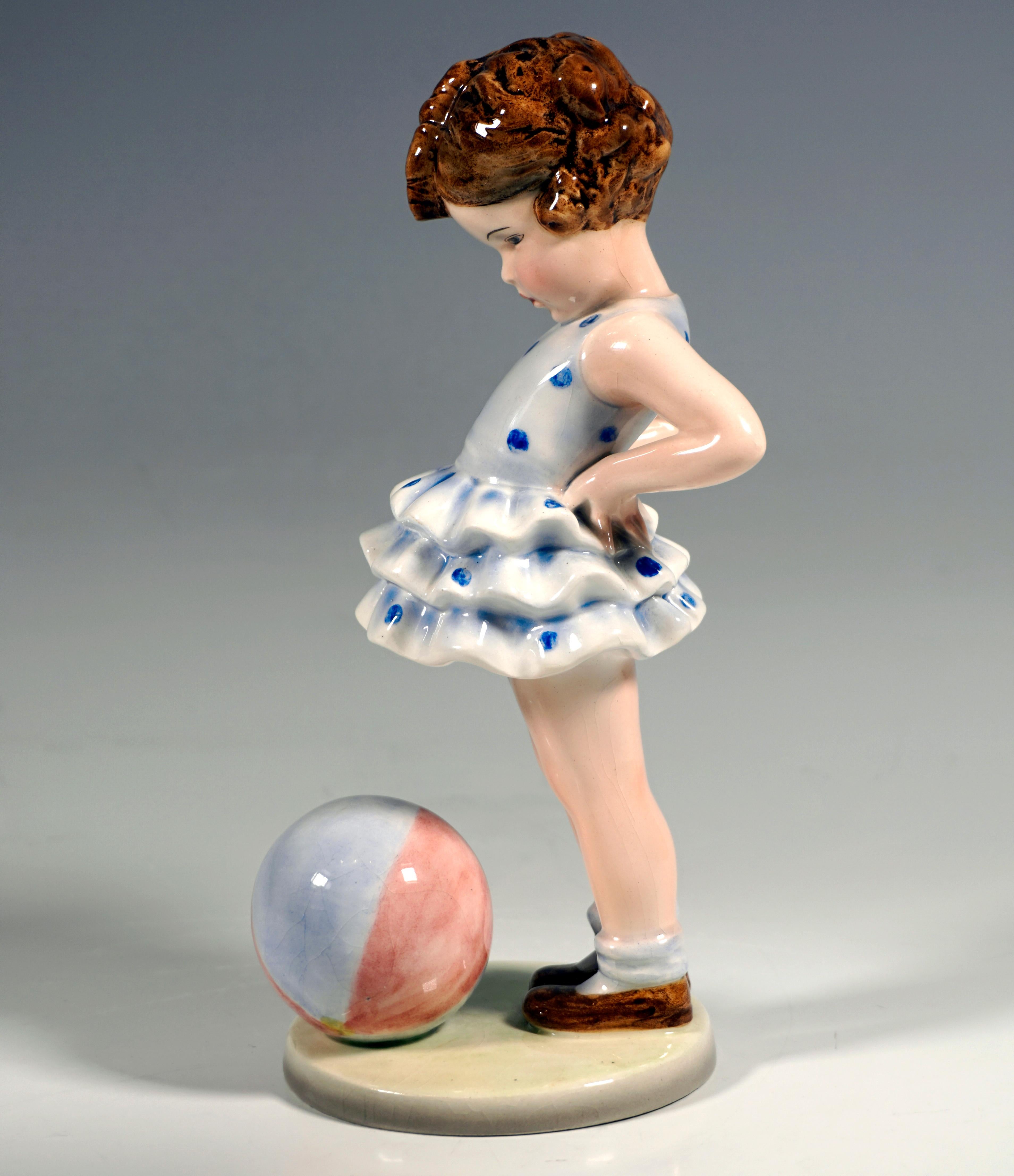 Austrian Goldscheider Vienna Figurine 'Joujou' Girl with Ball by Germaine Bouret, 1938 For Sale