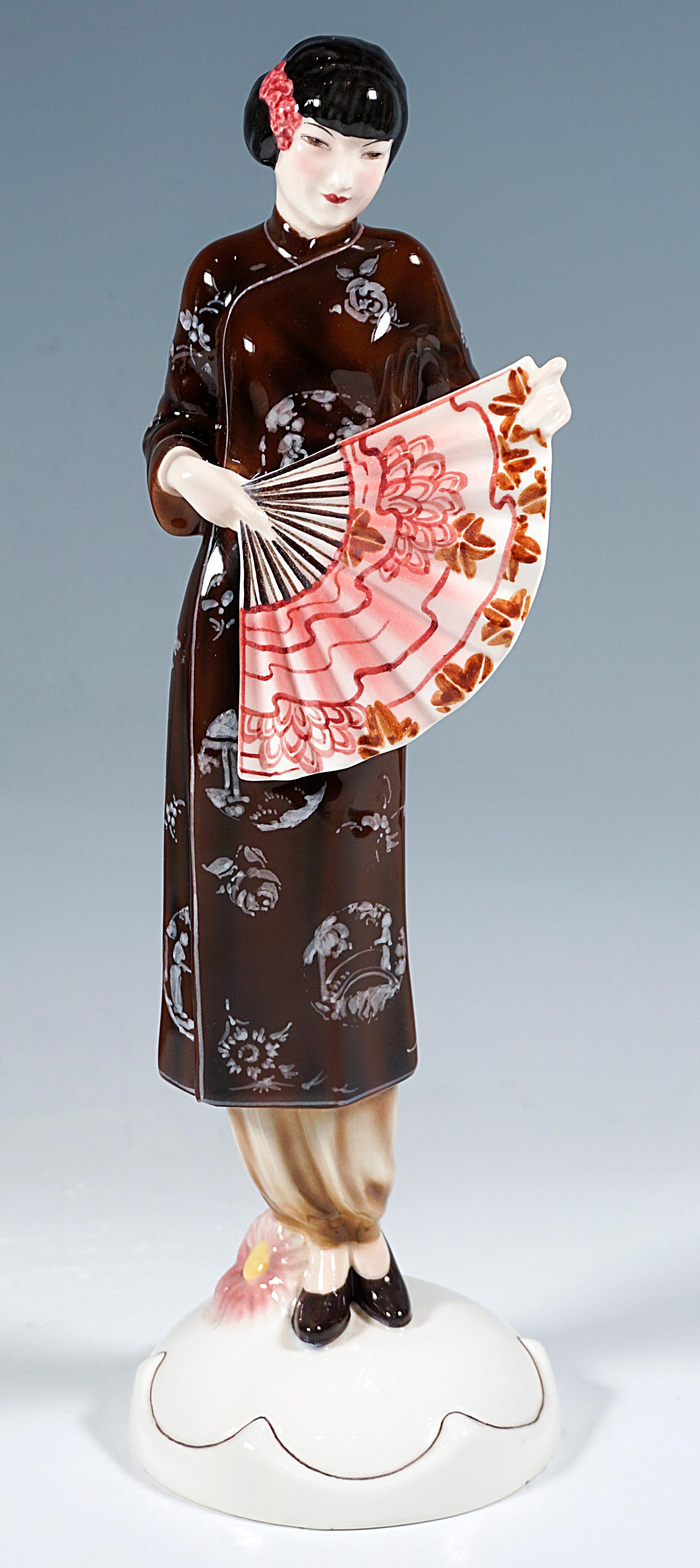 Hand-Crafted Goldscheider Vienna Figurine, Lady in Japanese Costume, by Josef Lorenzl, C1931 For Sale