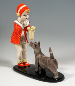 Goldscheider Vienna Figurine 'Sweet Kitty', Girl With Dog, Germaine Bouret, 1936