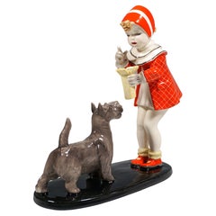 Goldscheider Vienna Figurine 'Sweet Kitty', Girl With Dog, Germaine Bouret, 1936