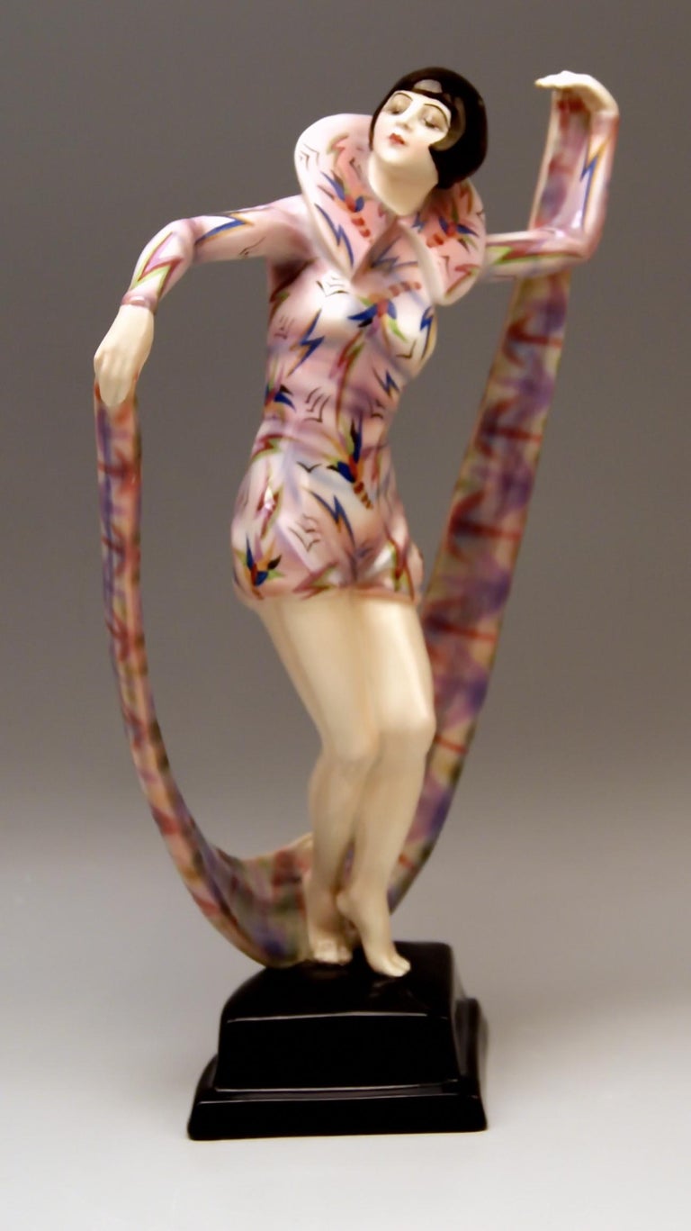 Rarest Goldscheider Vienna figurine Veil Dance Model 5570 by Stephan Dakon circa 1926, 14.17 inches

Designed by Stephan DAKON (1904-1992) / one of most important designers having been active for Goldscheider manufactory in period of 1920-1940 /