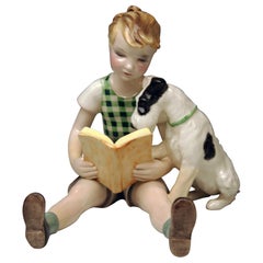 Goldscheider Vienna Girl with Book and Foxterrier Stefan Dakon 7667, circa 1937