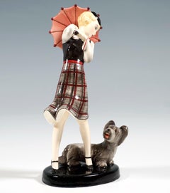 Goldscheider Wiener Mädchen mit Parasol und Terrier, Stephan Dakon, um 1935