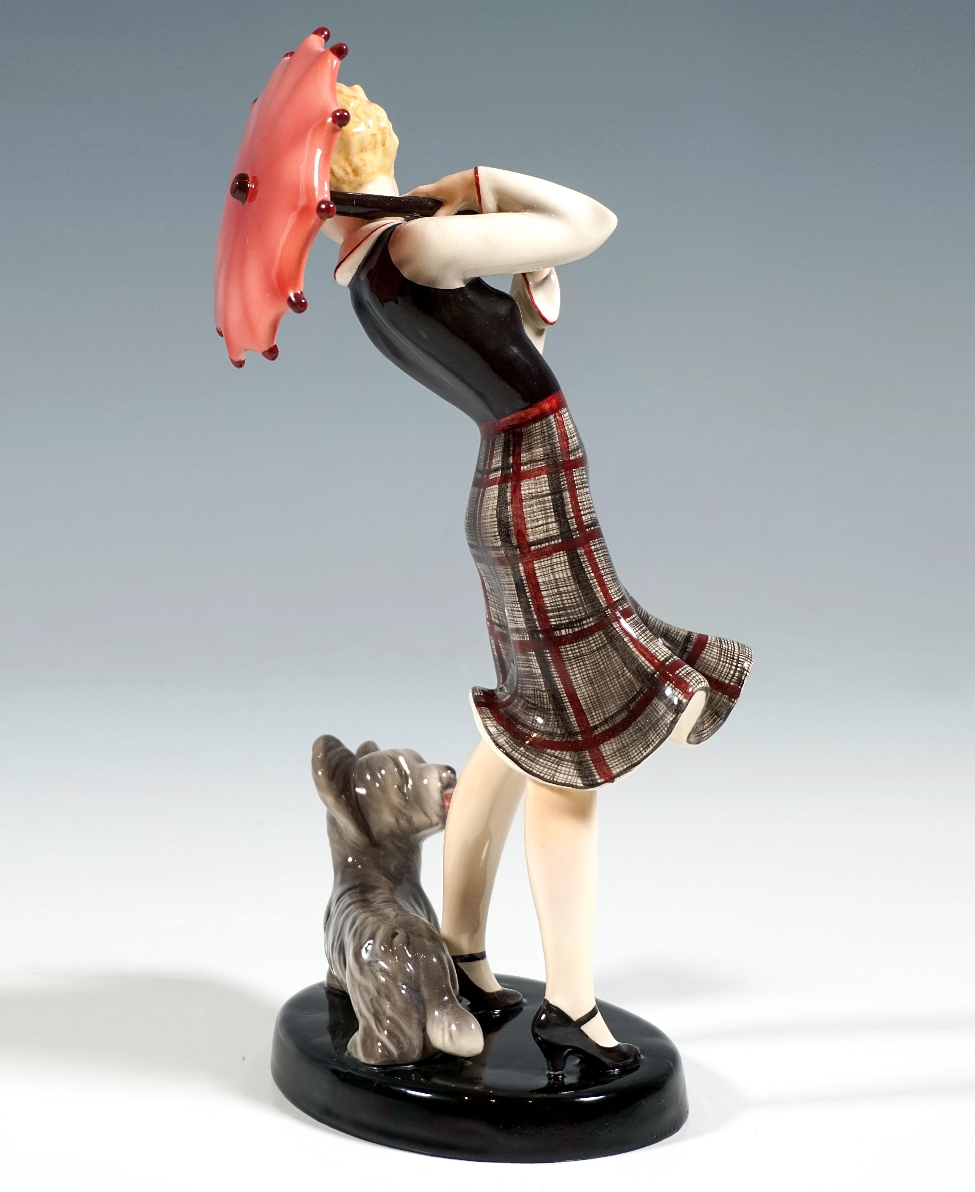 Goldscheider Wiener Mädchen mit Parasol und Terrier, Stephan Dakon, um 1935 (Art déco)