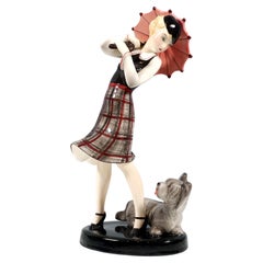 Goldscheider Vienna Girl With Parasol And Terrier, Stephan Dakon, Circa 1935