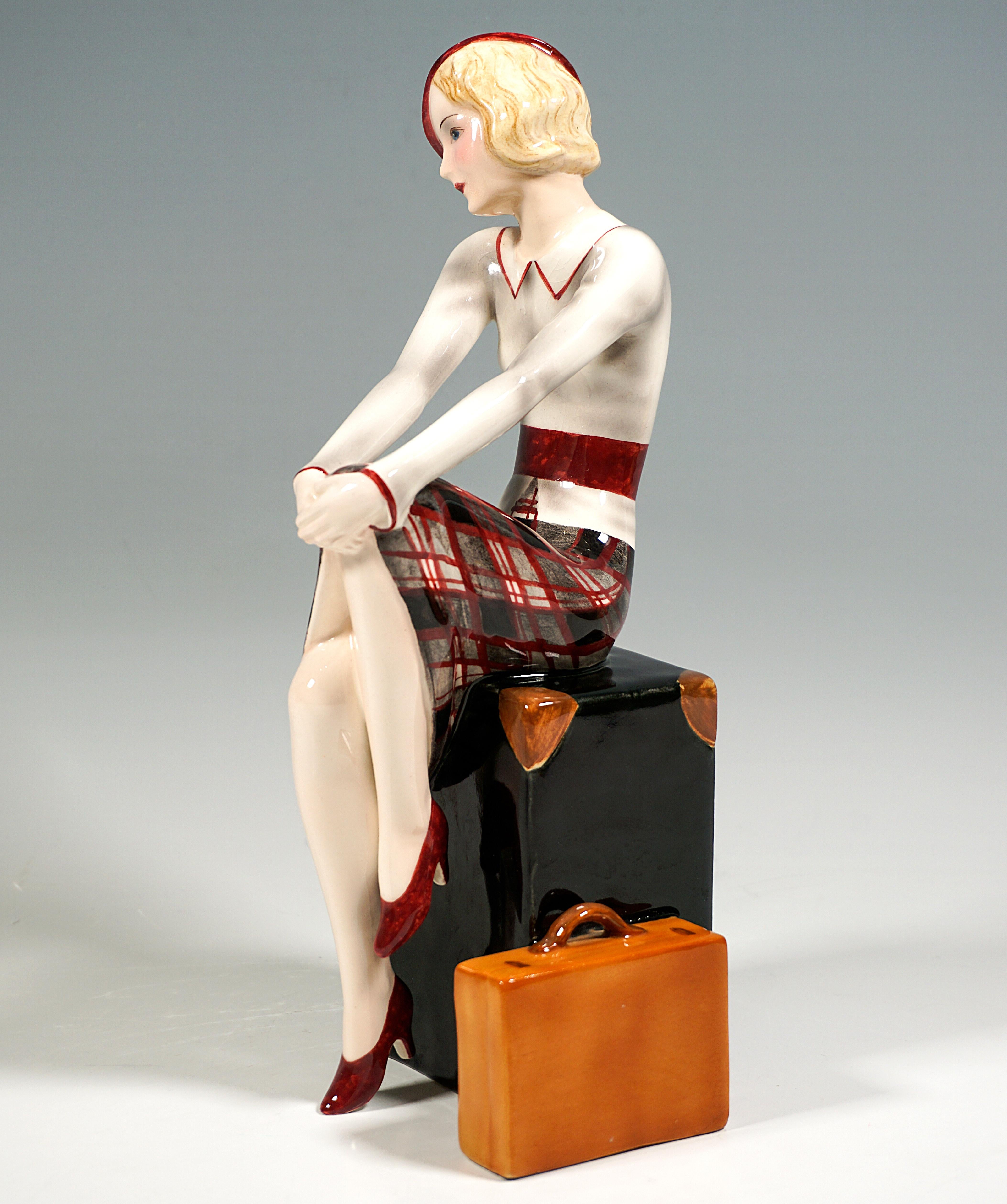 Art Deco Goldscheider Vienna, Girl with Small Hat Sitting on a Suitcase, Dakon circa 1935