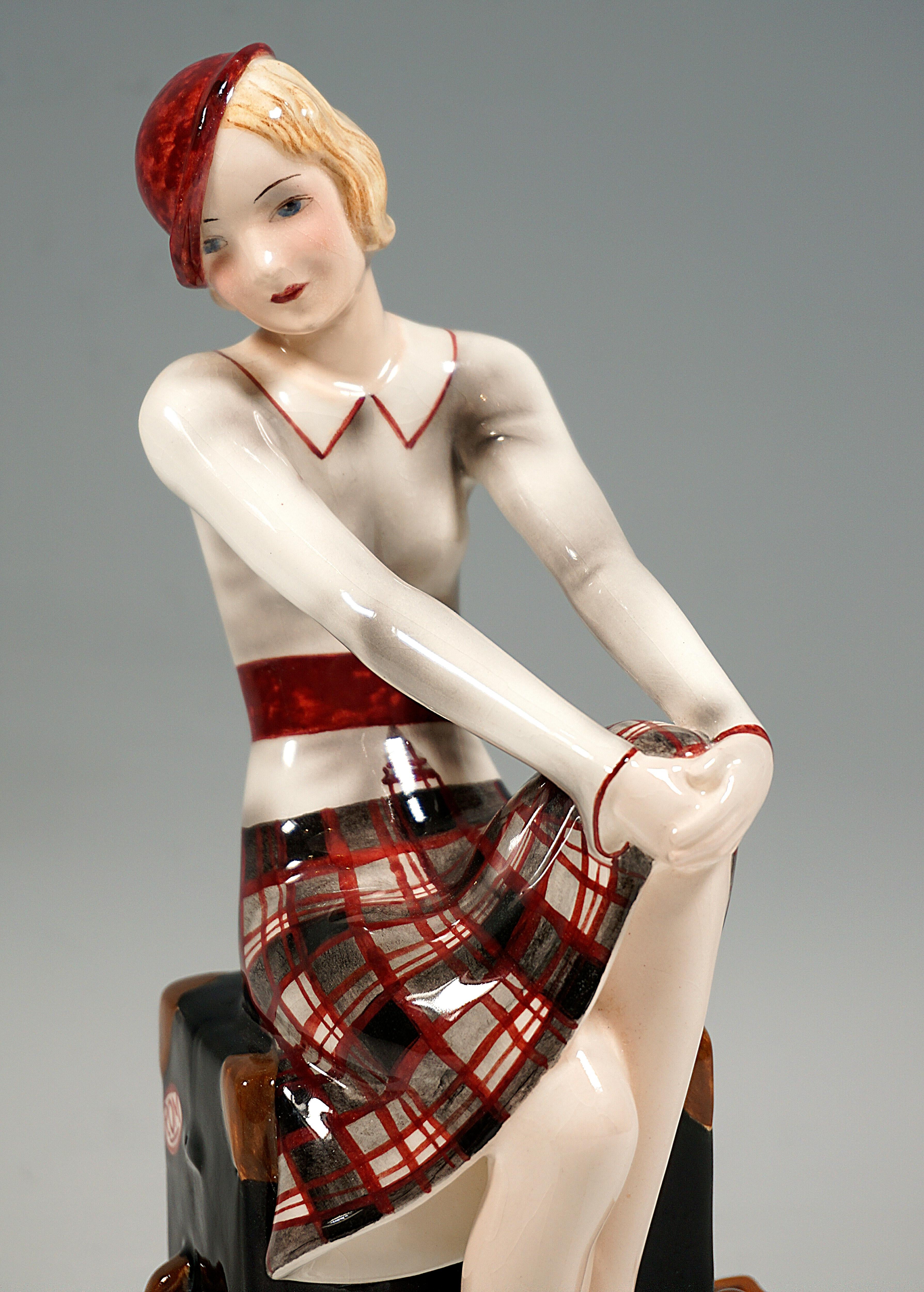 Austrian Goldscheider Vienna, Girl with Small Hat Sitting on a Suitcase, Dakon circa 1935