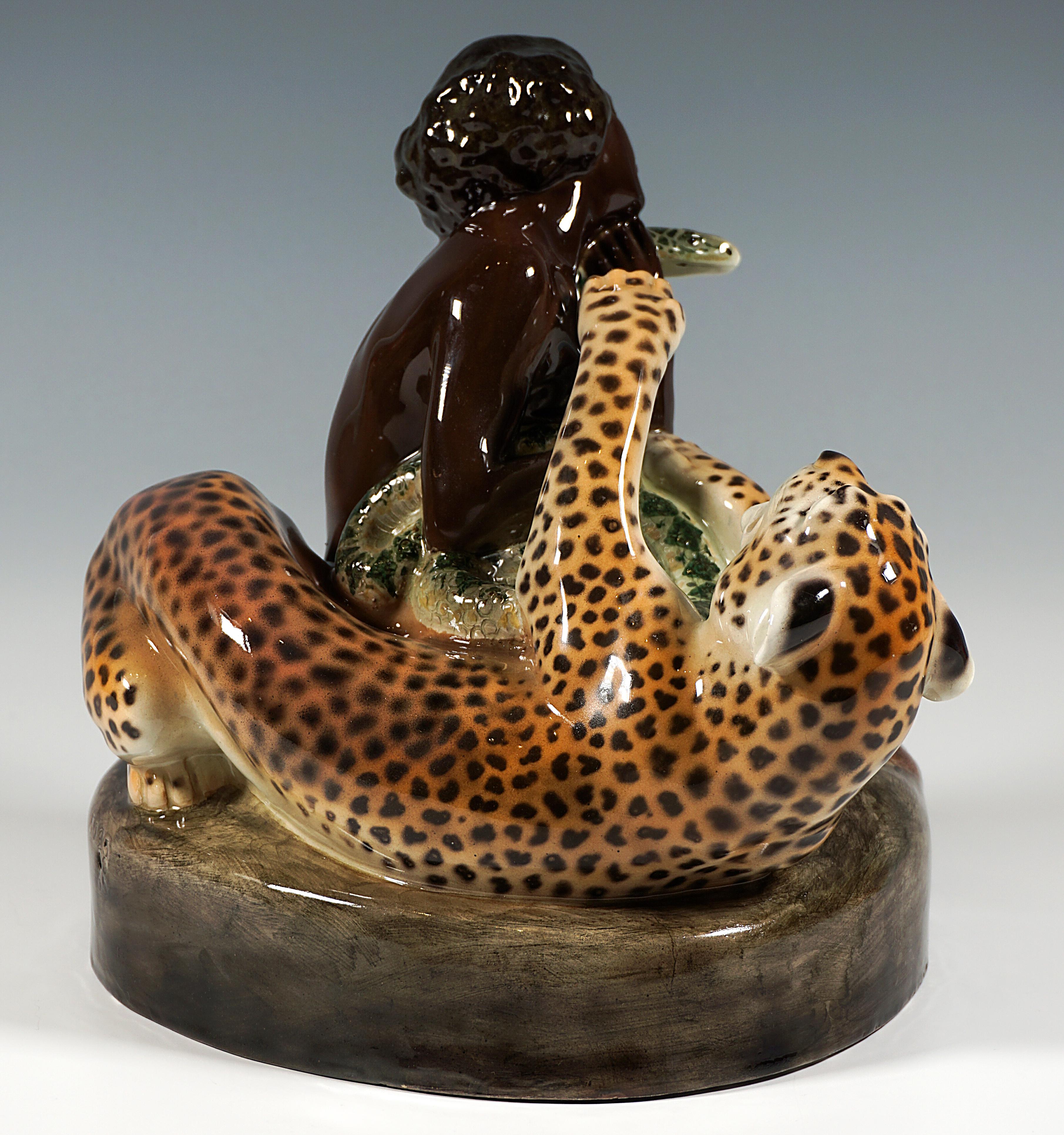 Austrian Goldscheider Vienna Group Female Nude With Leopard & Snake, Karl Perl, Ca. 1922 For Sale