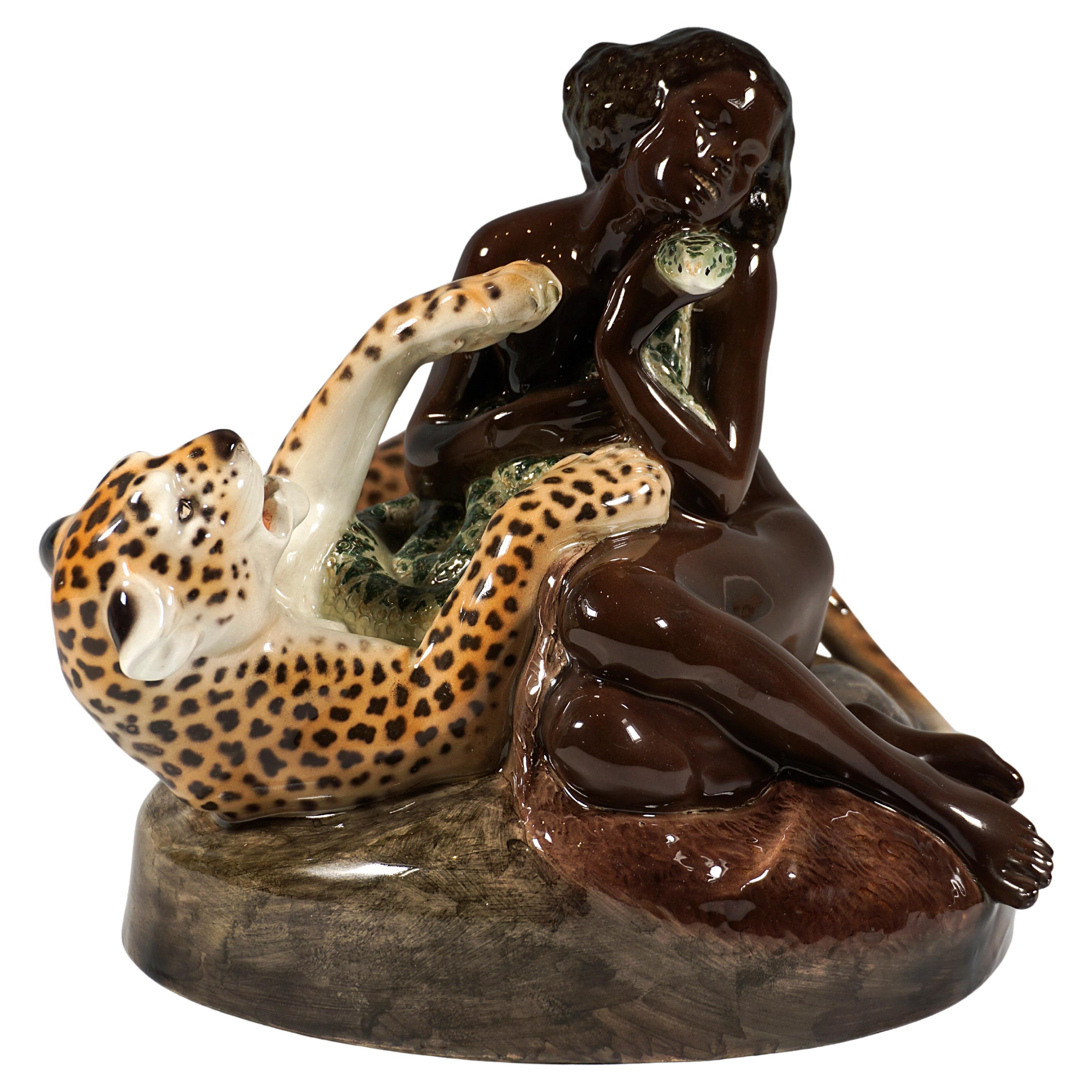 Goldscheider Vienna Group Female Nude With Leopard & Snake, Karl Perl, Ca. 1922 For Sale