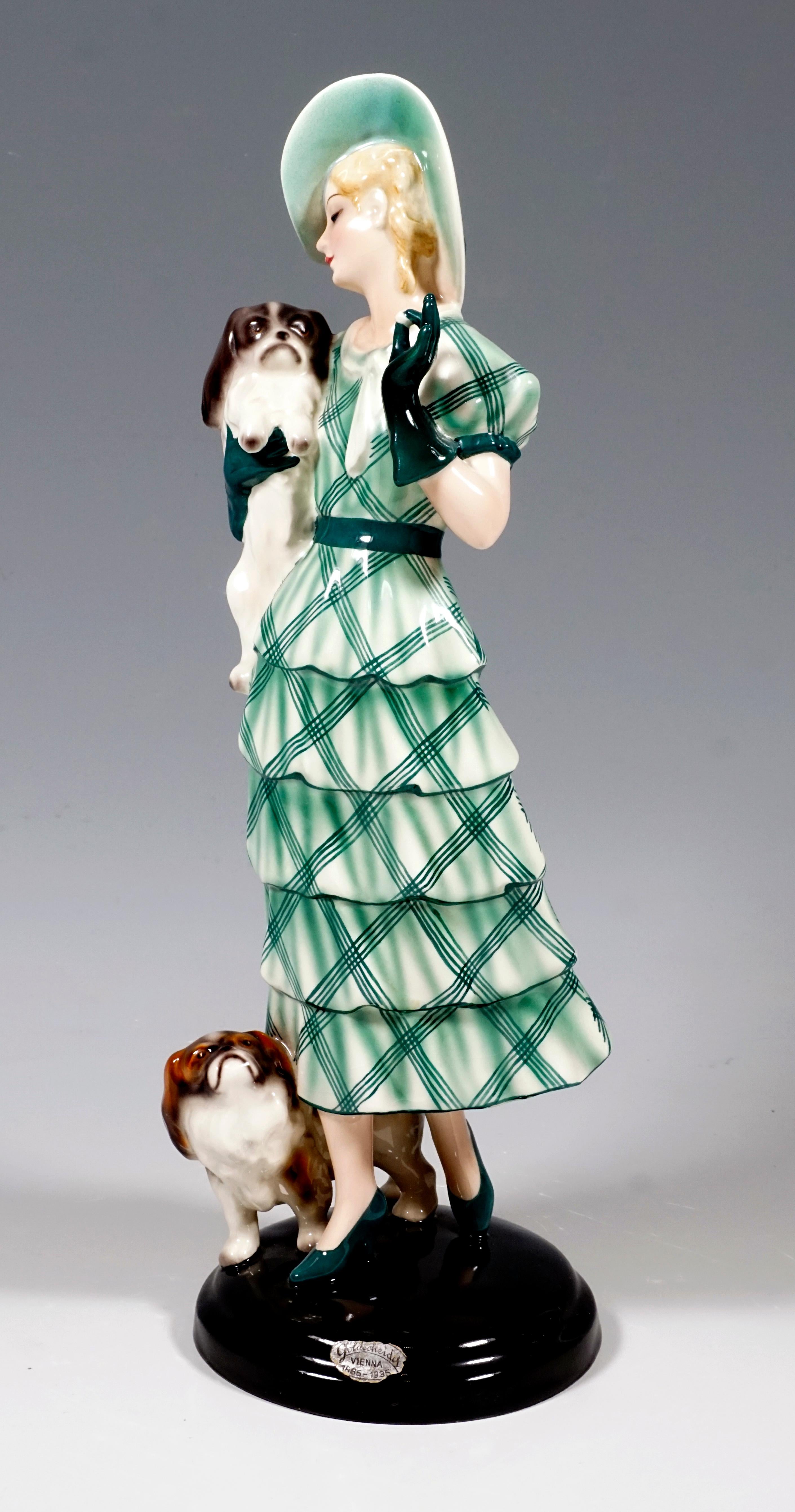 Austrian Goldscheider Vienna Group 'Jealousy' Lady with Two Pekinese Dogs, ca. 1935