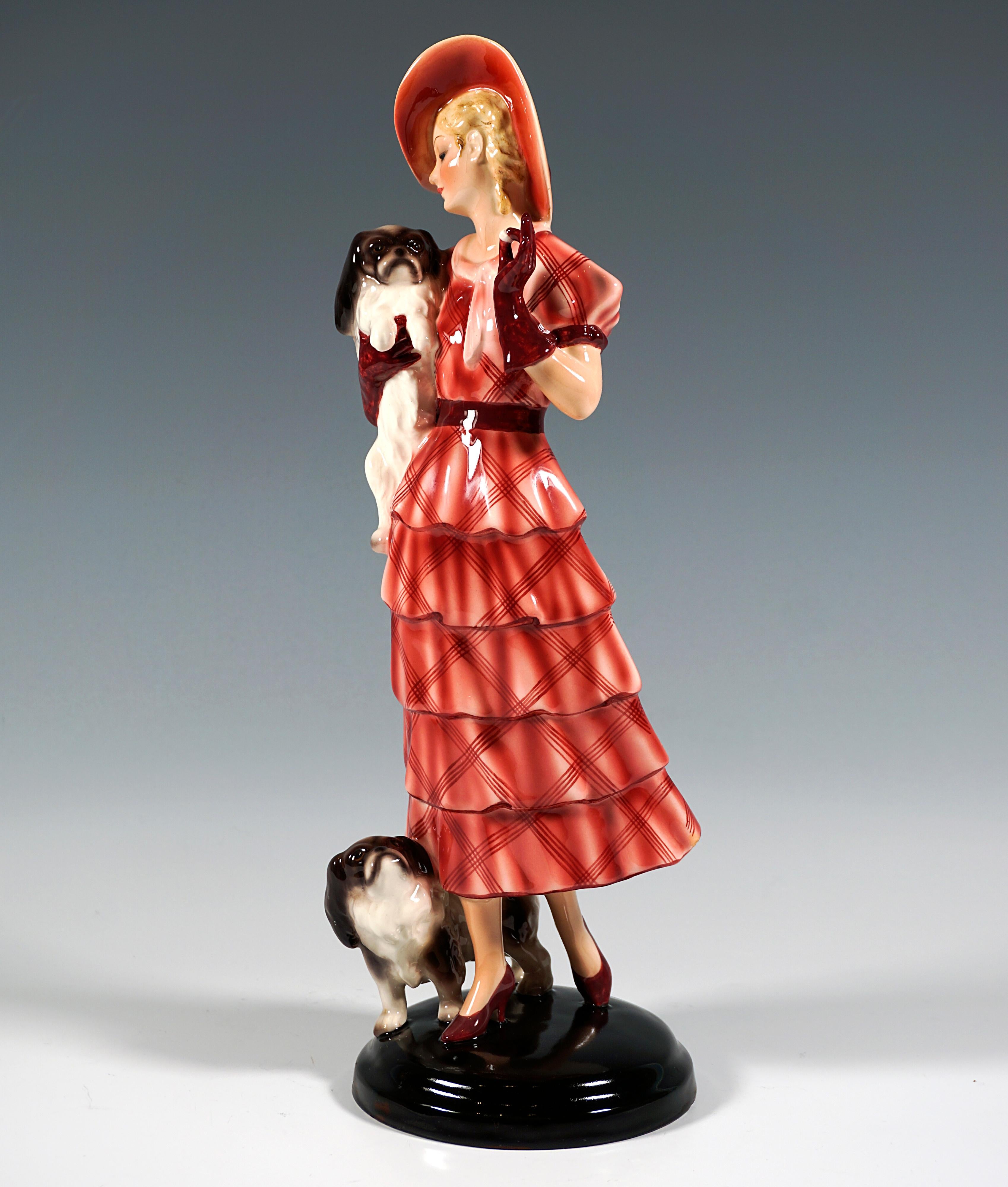 Austrian Goldscheider Vienna Group 'Jealousy' Lady With Two Pekinese Dogs, ca. 1935 For Sale