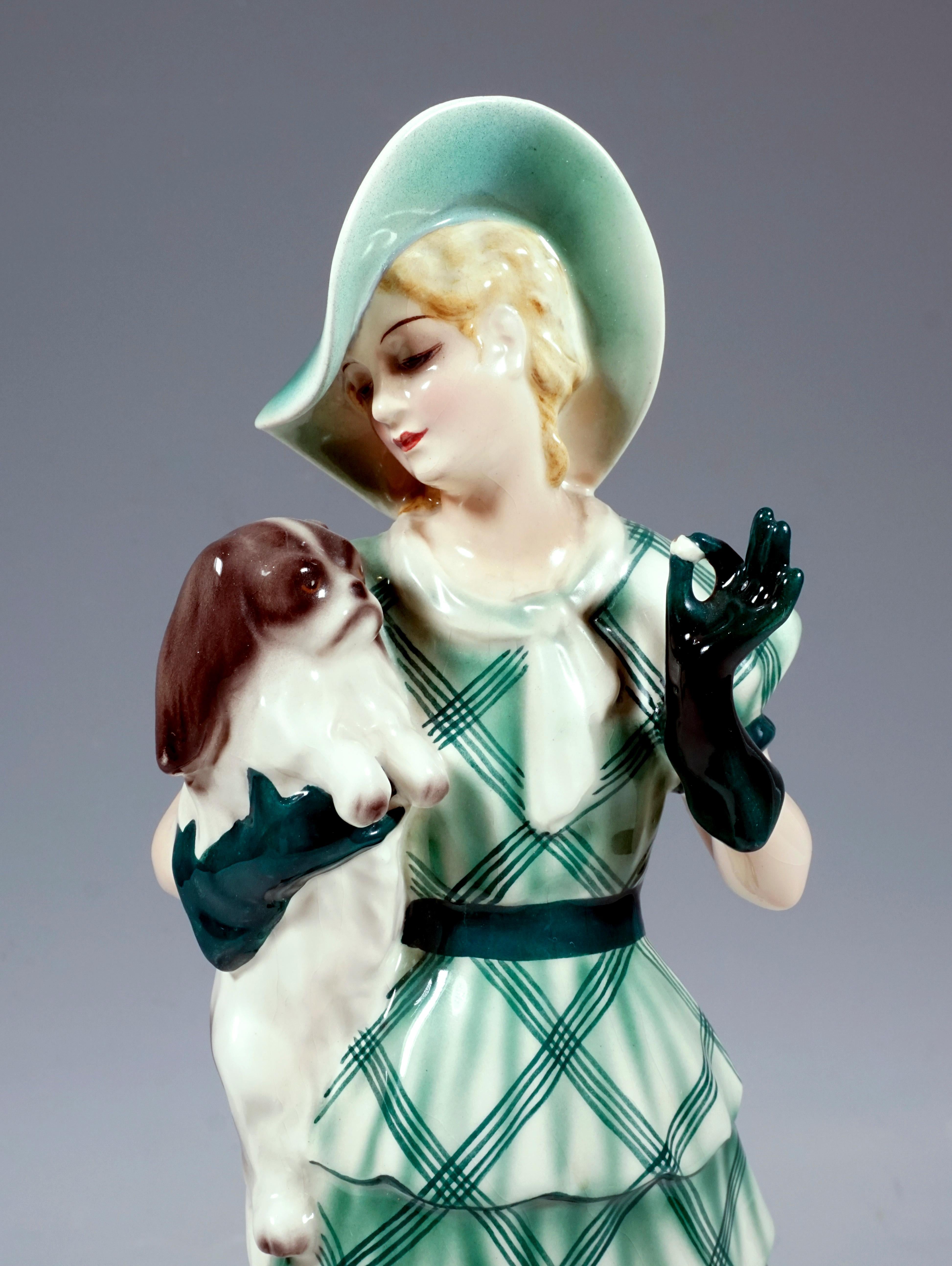 Hand-Painted Goldscheider Vienna Group 'Jealousy' Lady with Two Pekinese Dogs, ca. 1935