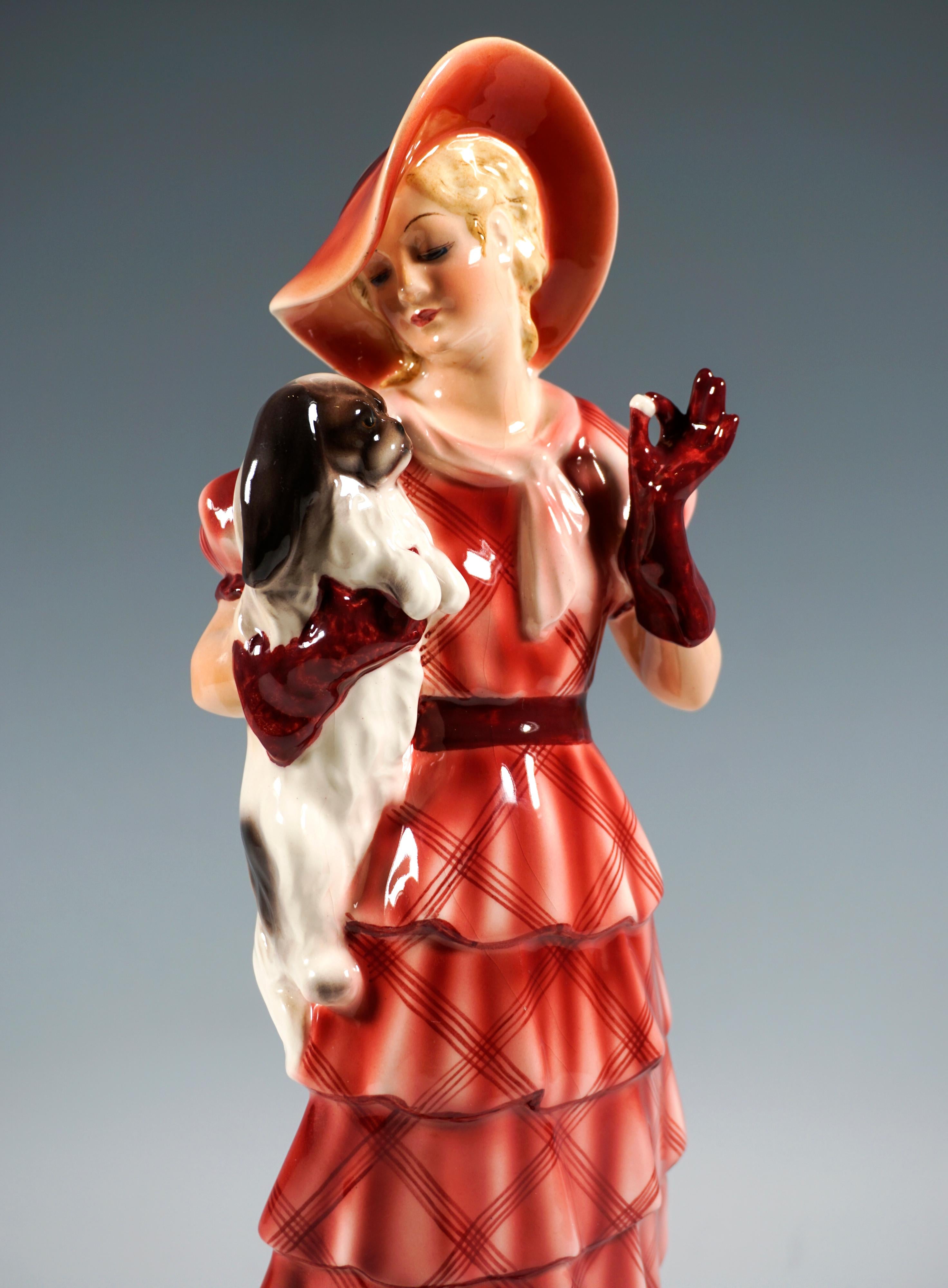 Hand-Painted Goldscheider Vienna Group 'Jealousy' Lady With Two Pekinese Dogs, ca. 1935 For Sale