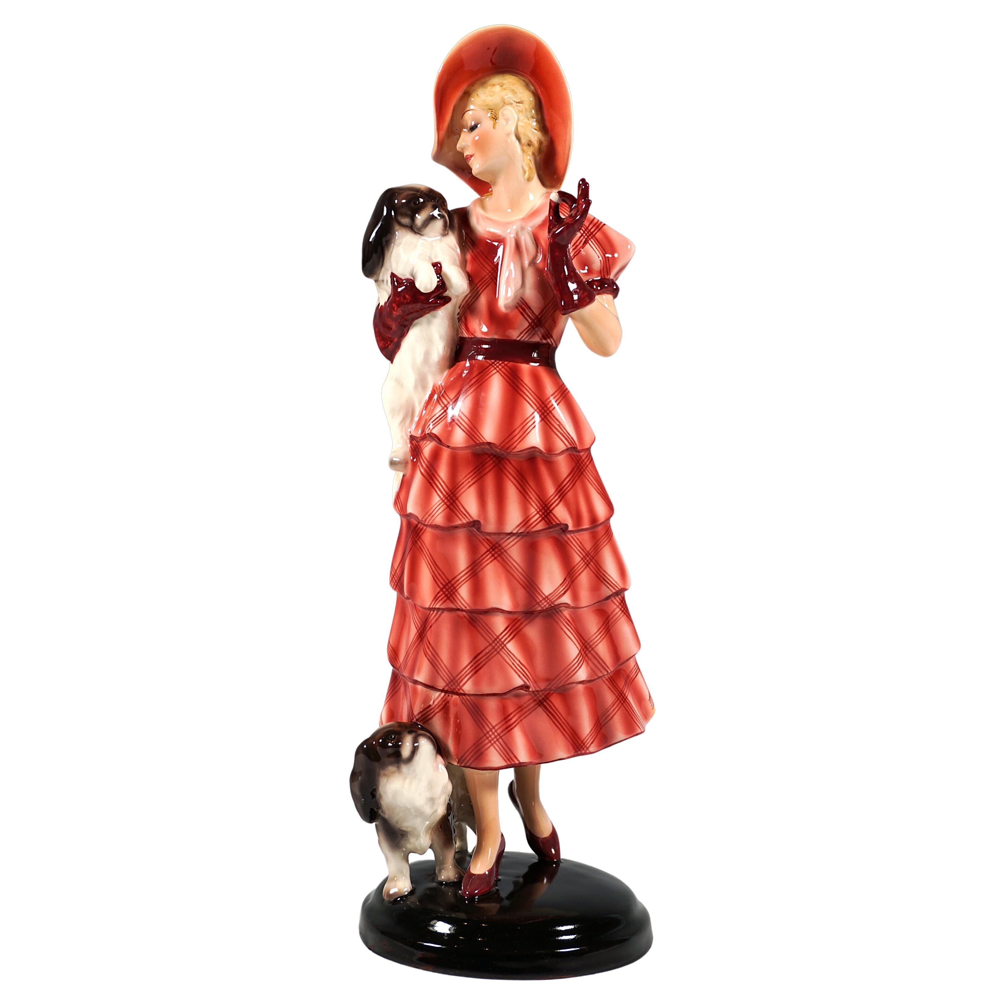 Goldscheider Vienna Group 'Jealousy' Lady With Two Pekinese Dogs, ca. 1935 For Sale