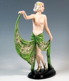 Goldscheider Vienna Half Nude Art Déco Dancer Posing With Cloth, Lorenzl, c 1939