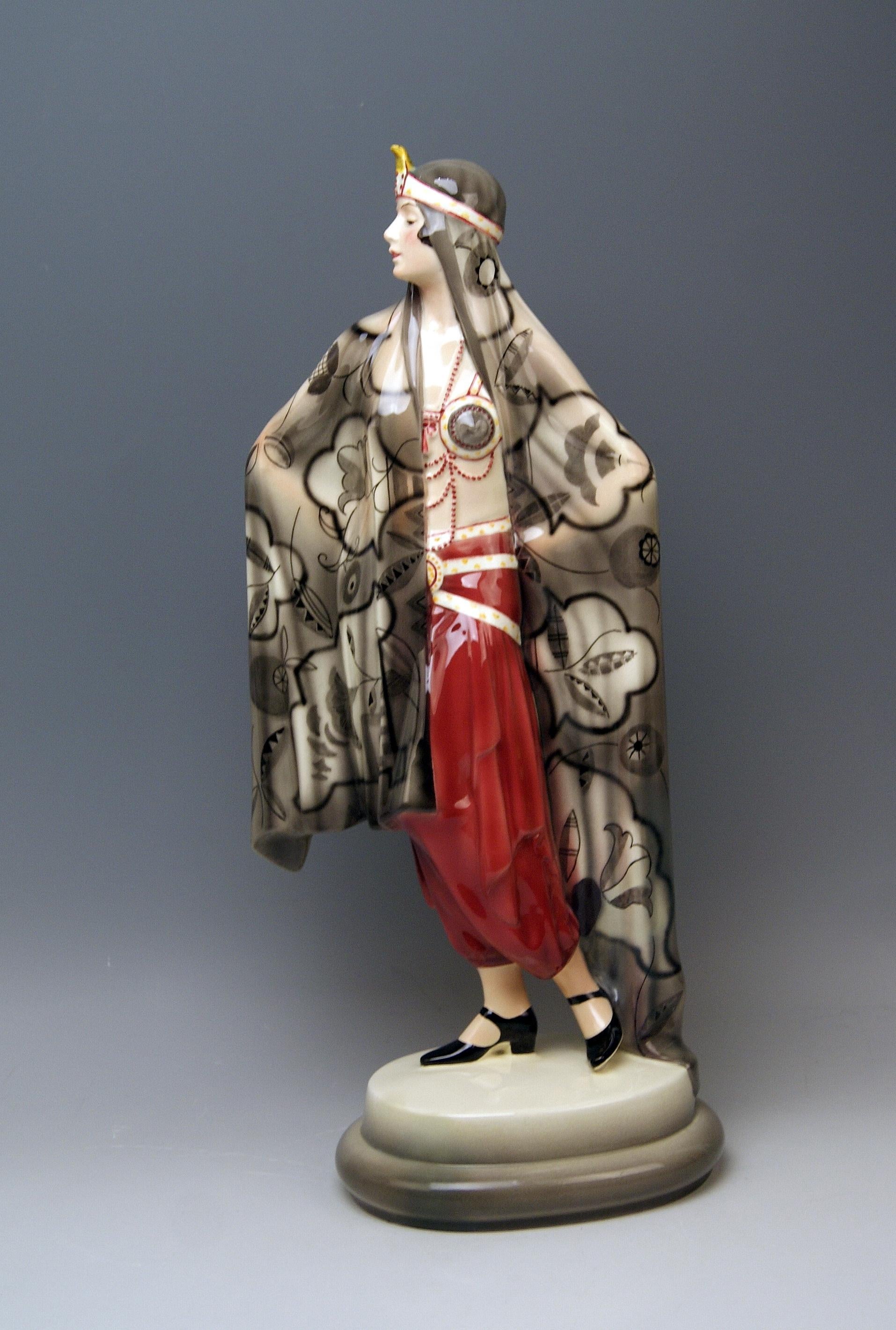 Female oriental figurine wearing costume: Odalisque (Called 'Aida')

Designed by Josef Lorenzl (1892-1950) / one of most important designers having been active for Goldscheider manufactory in period of 1920-1940 / Designed circa 1923-1924.

Made