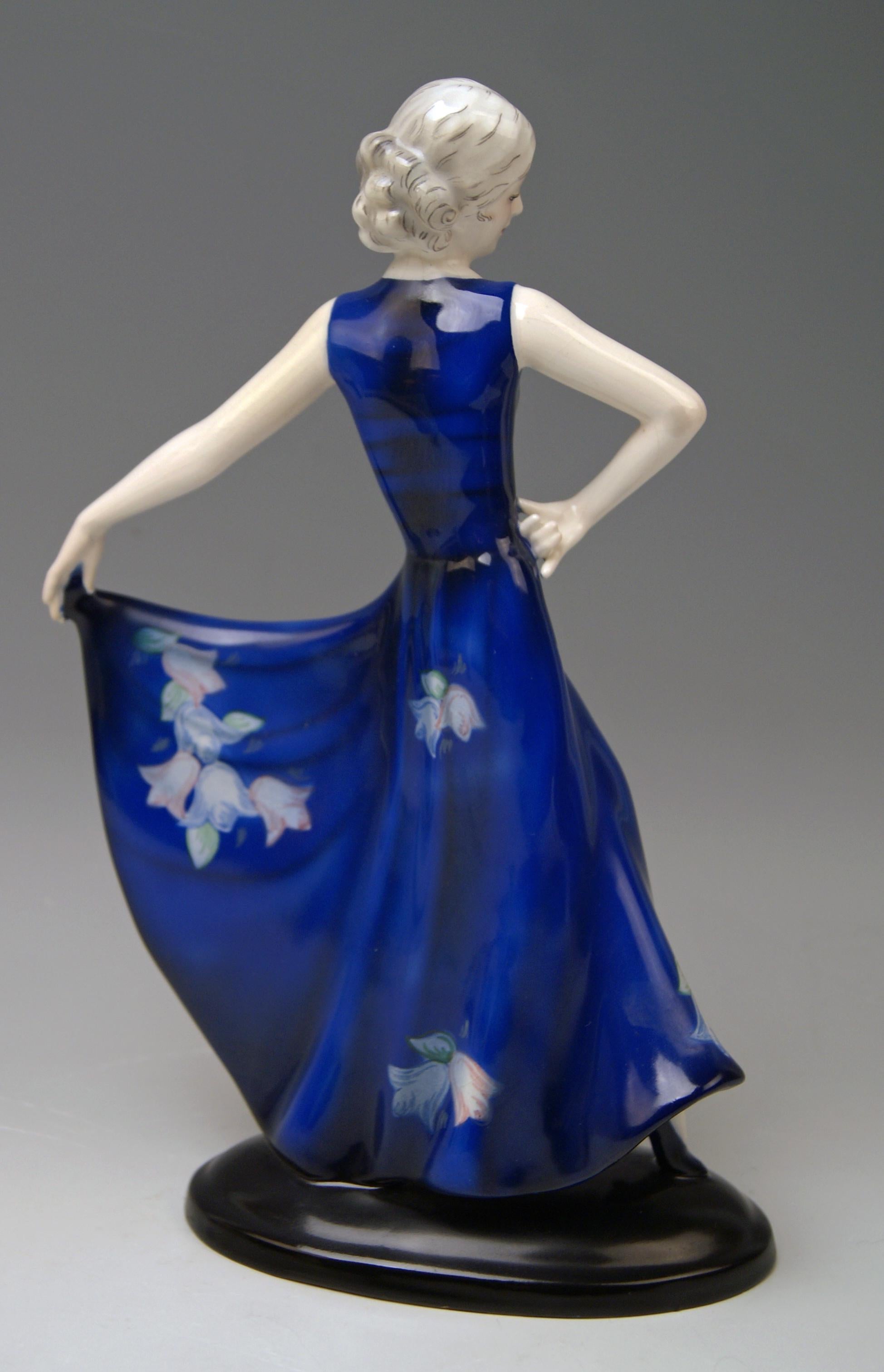 Art Deco Goldscheider Vienna Lady Blue Dress Flower Pattern Model 7454 Lorenzl circa 1937