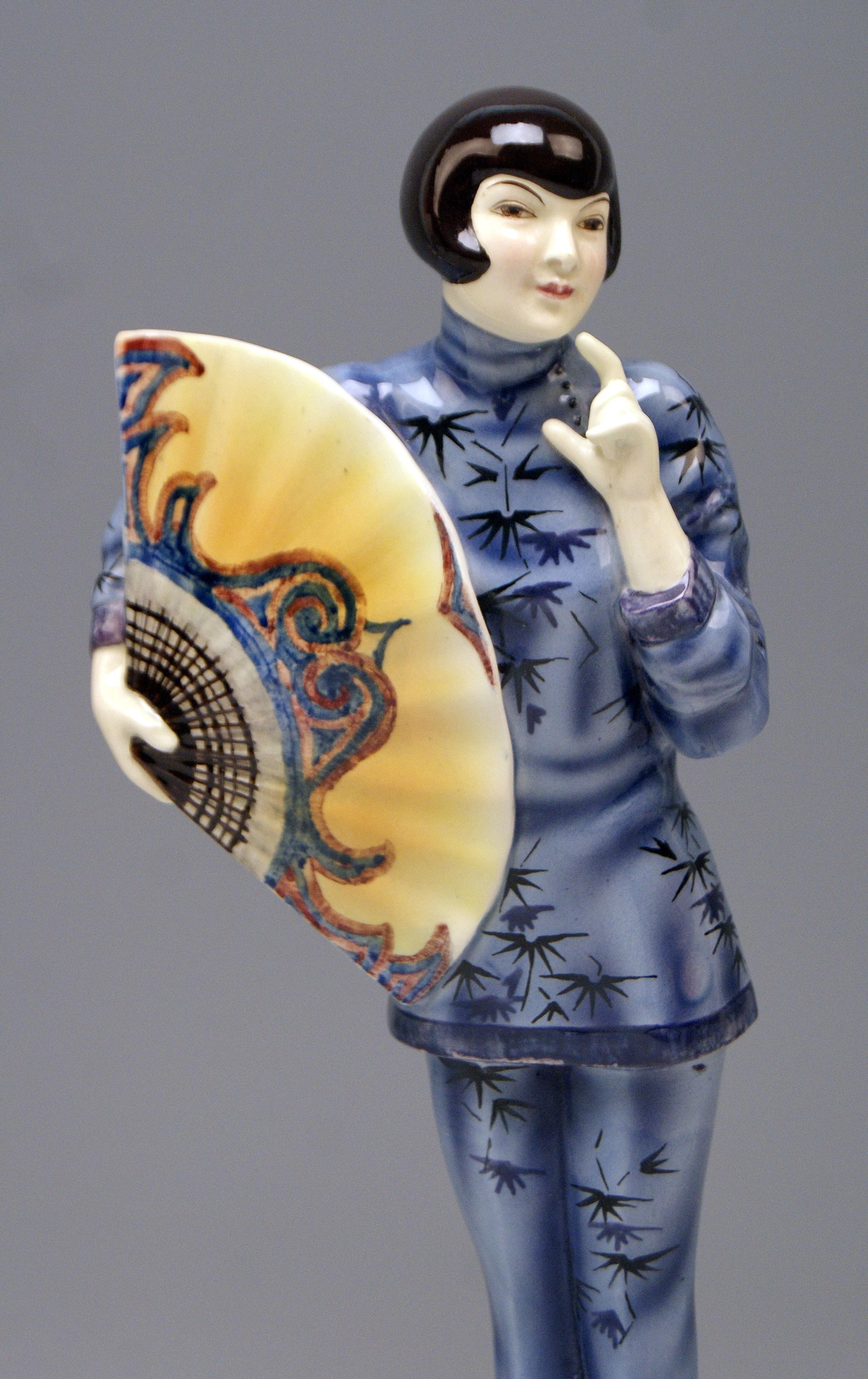 Painted Goldscheider Vienna Lady Clad in Japanese Costume Model 5870 Lorenzl, circa 1930