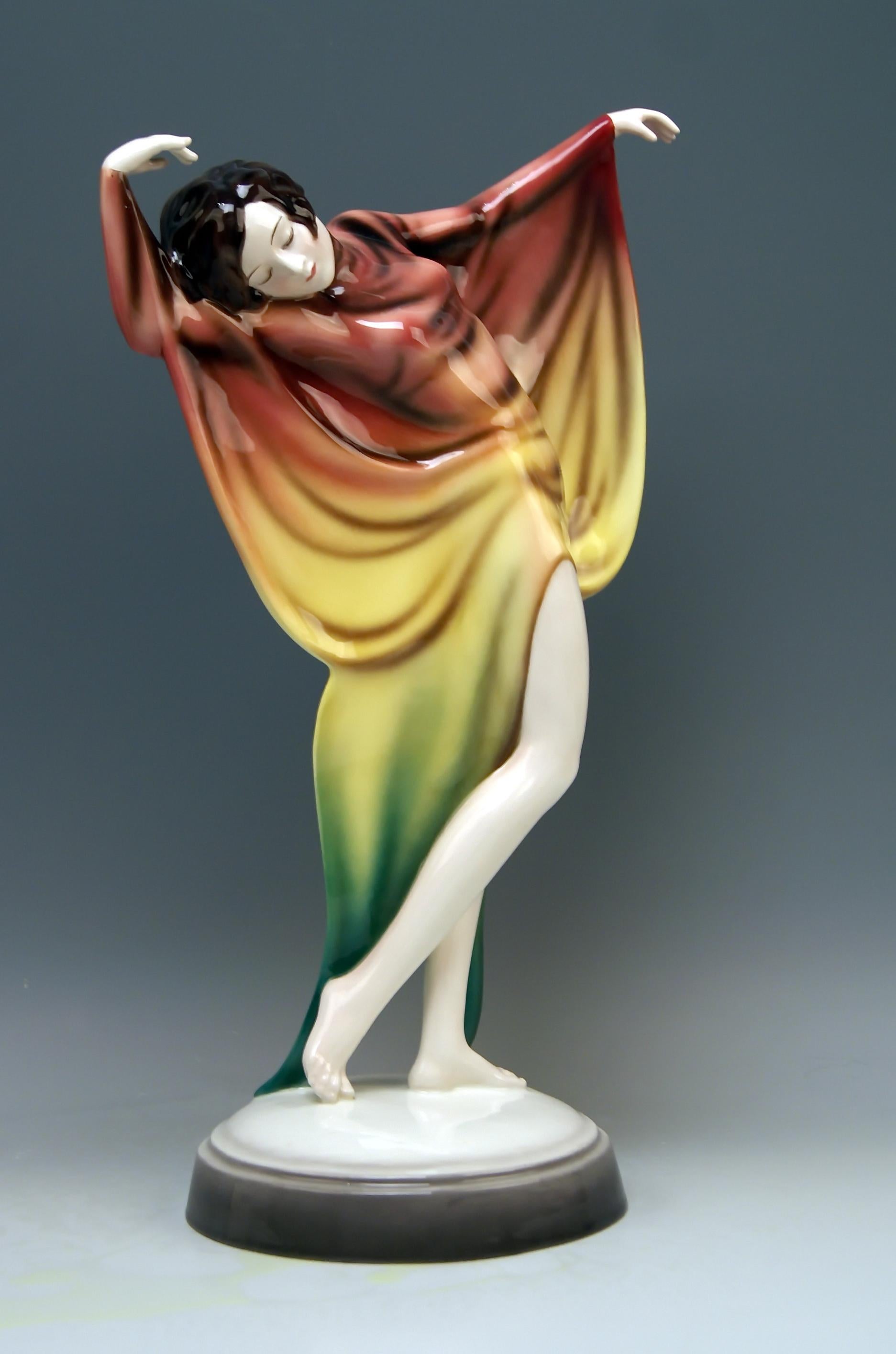 Goldscheider Vienna excellent lady dancer clad in butterfly dress / costume.

Designed by Josef Lorenzl (1892-1950) / one of most important designers having been active for Goldscheider manufactory in period of 1920-1940 / Designed circa