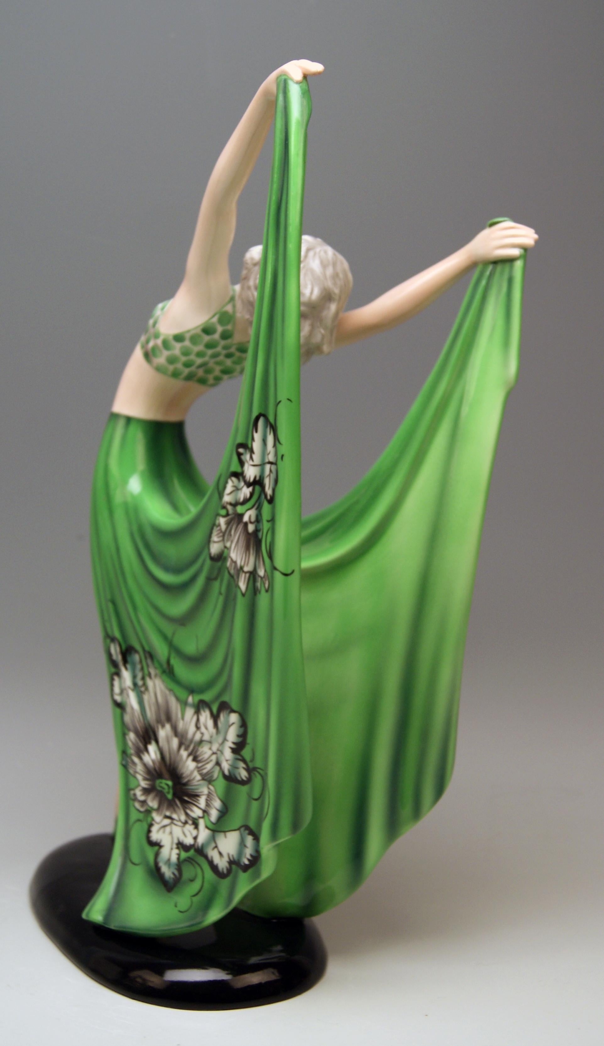 Art Deco Goldscheider Vienna Lady Dancer Green Dress by Stefan Dakon Model 7195