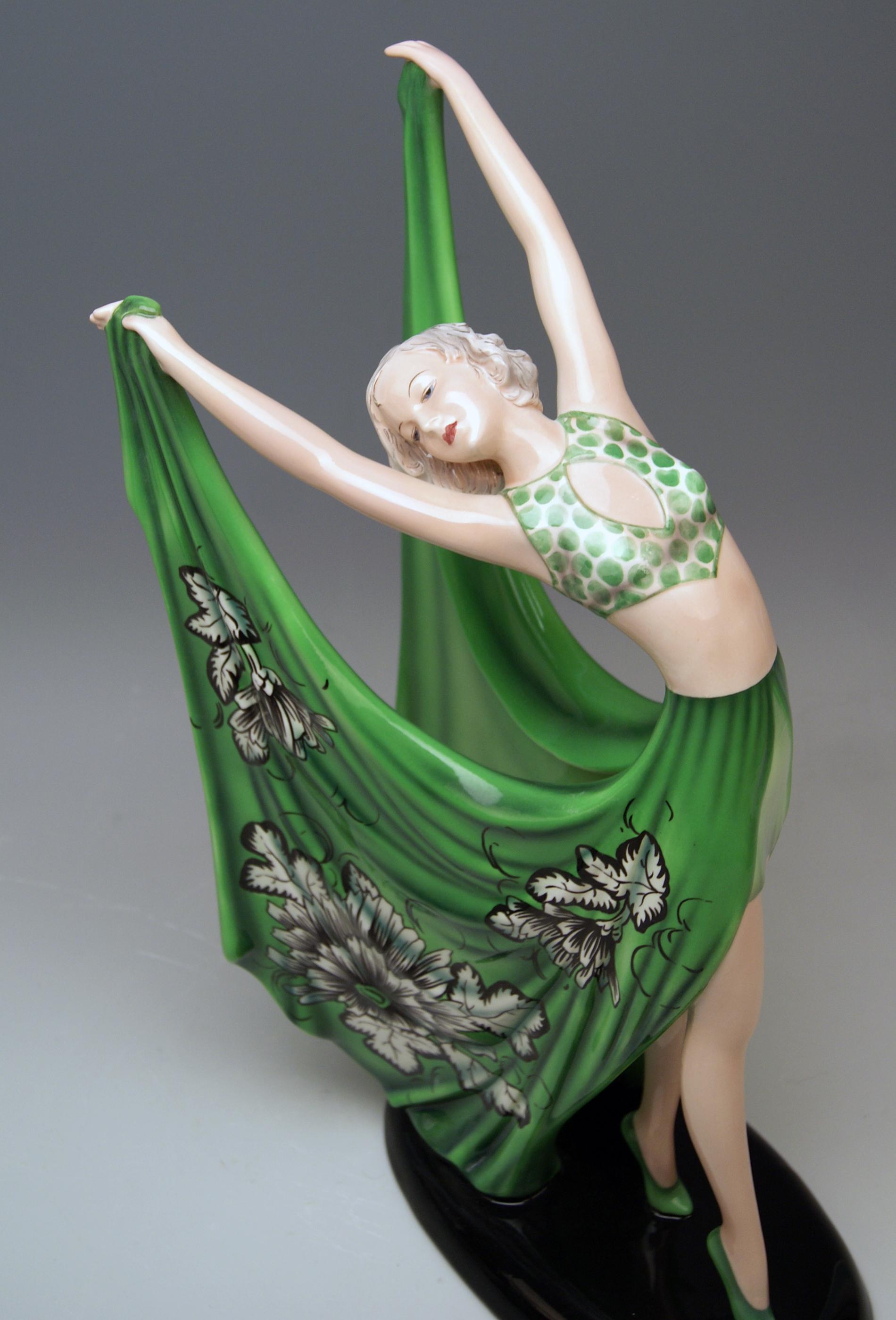 Austrian Goldscheider Vienna Lady Dancer Green Dress by Stefan Dakon Model 7195
