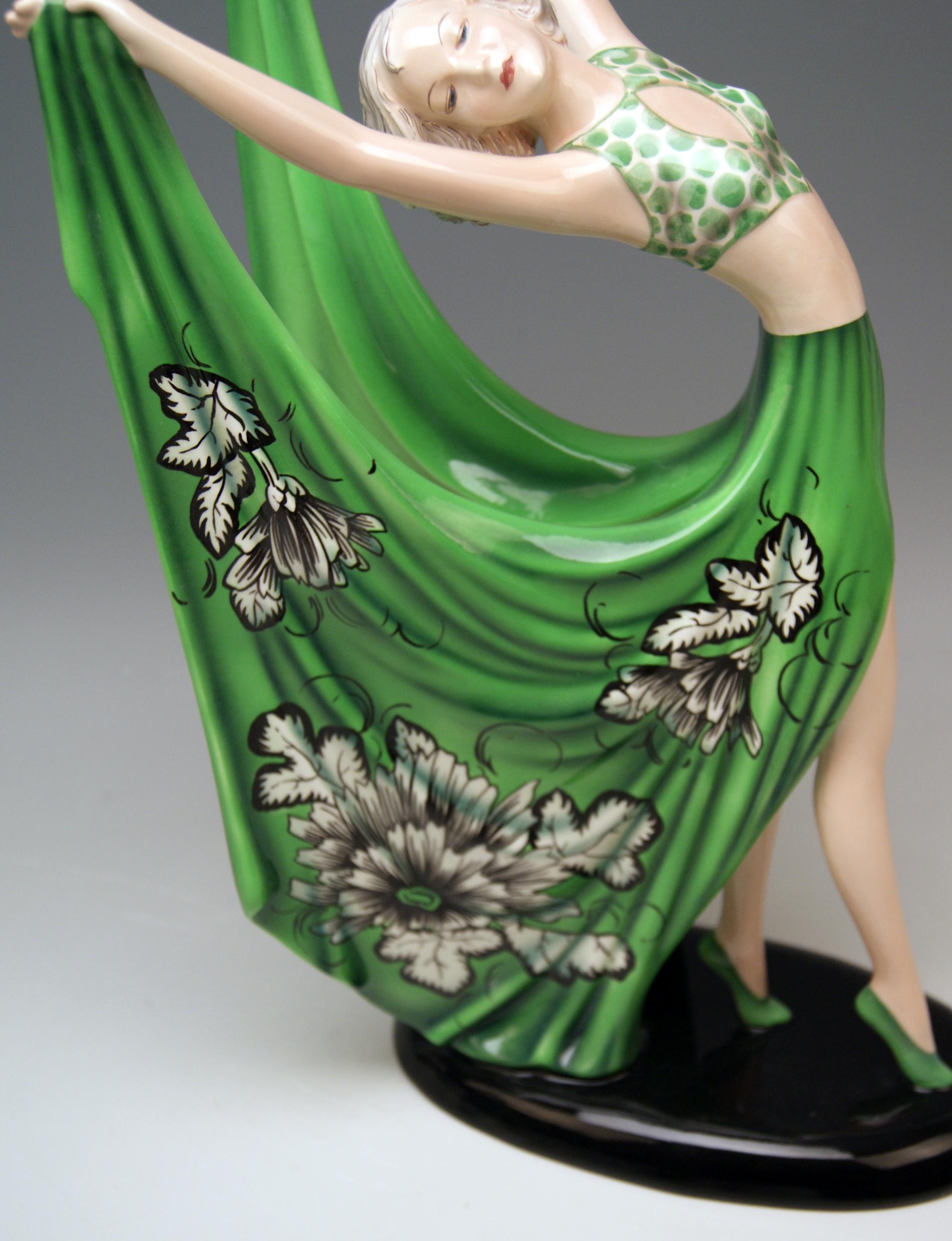 Painted Goldscheider Vienna Lady Dancer Green Dress by Stefan Dakon Model 7195