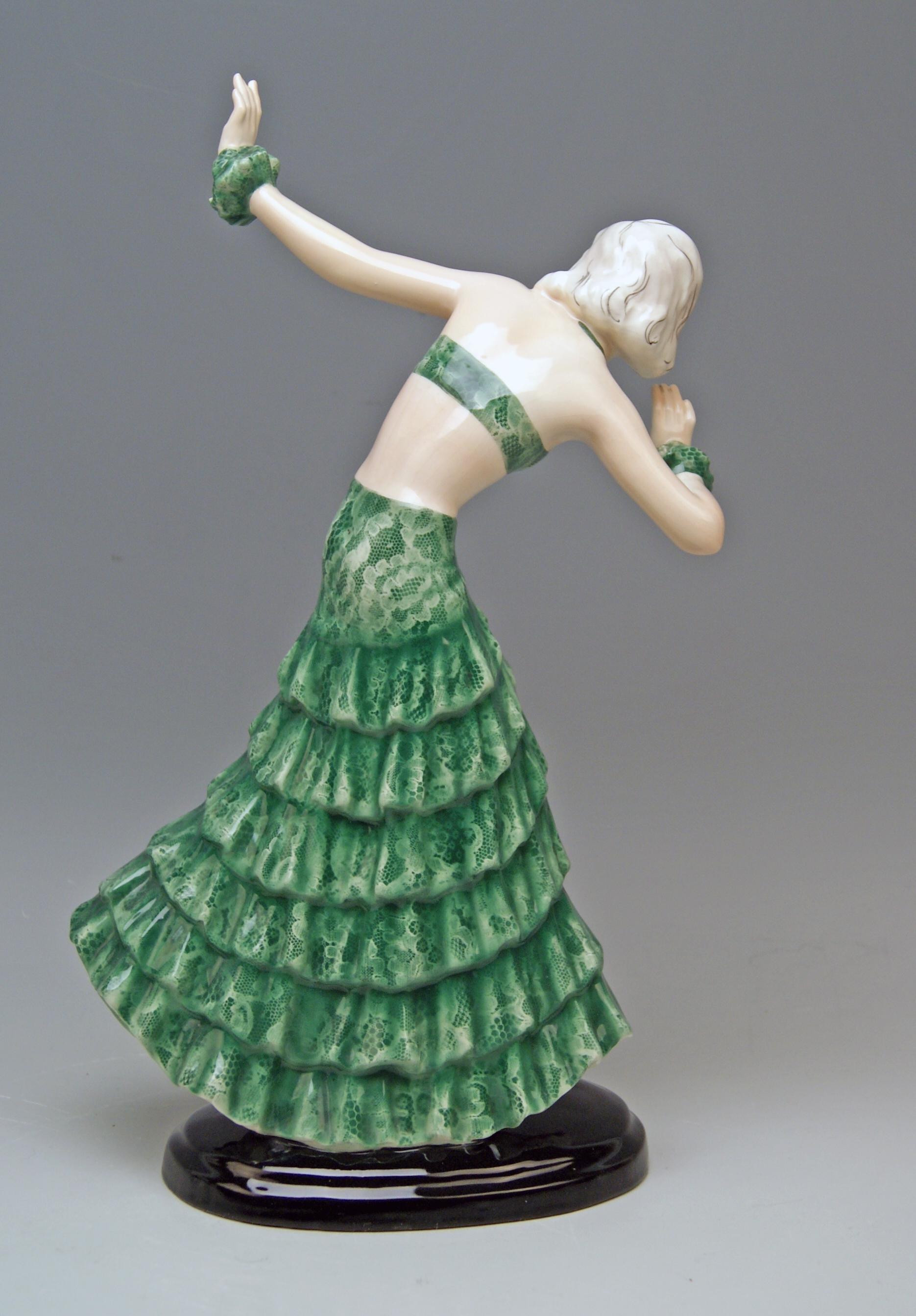 Art Deco Goldscheider Vienna Lady Dancer Nr. 7058 Green Skirt Top by Josef Lorenzl