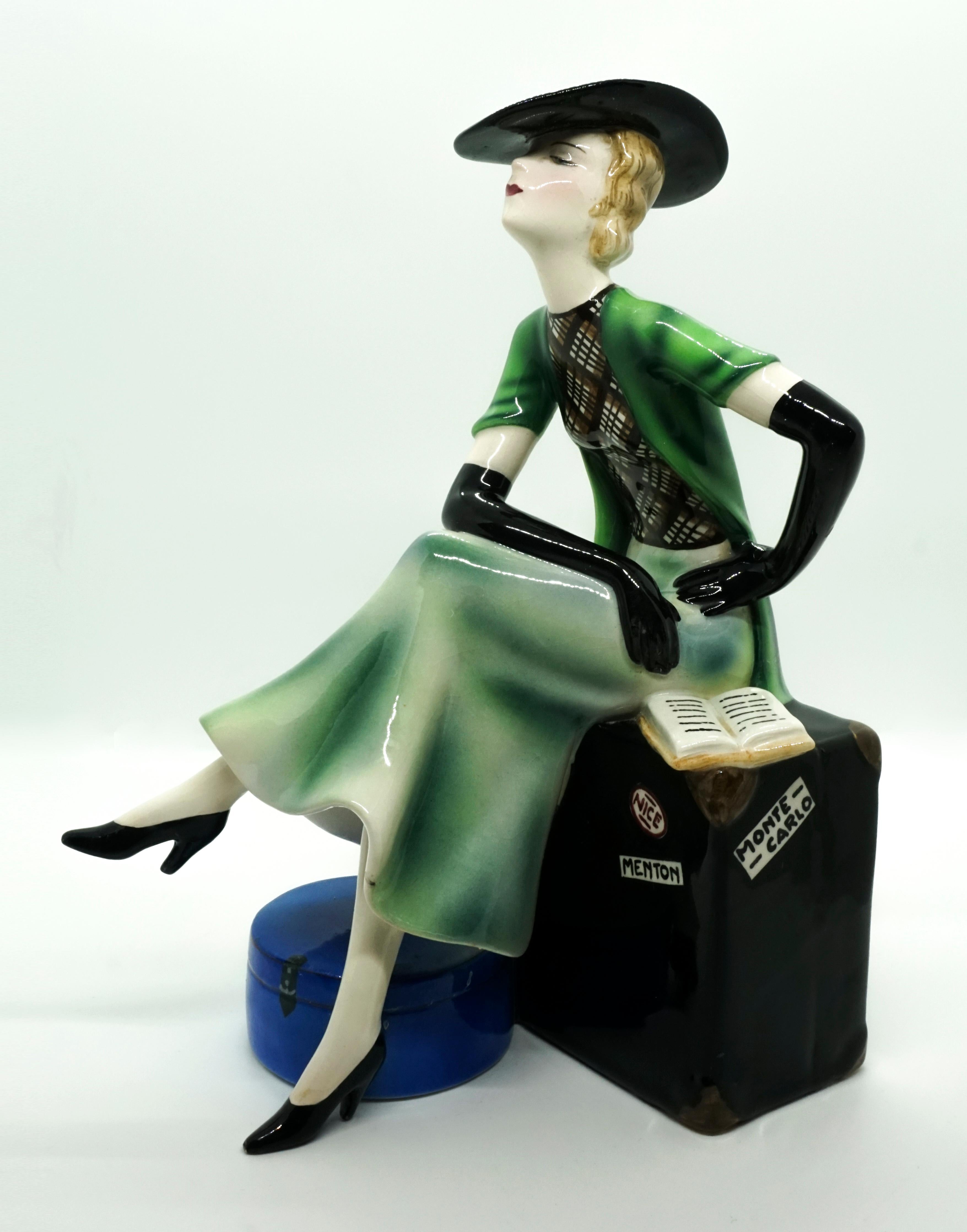 Hand-Painted Goldscheider Vienna Lady with Hat Sitting on a Suitcase by Stephan Dakon, 1935