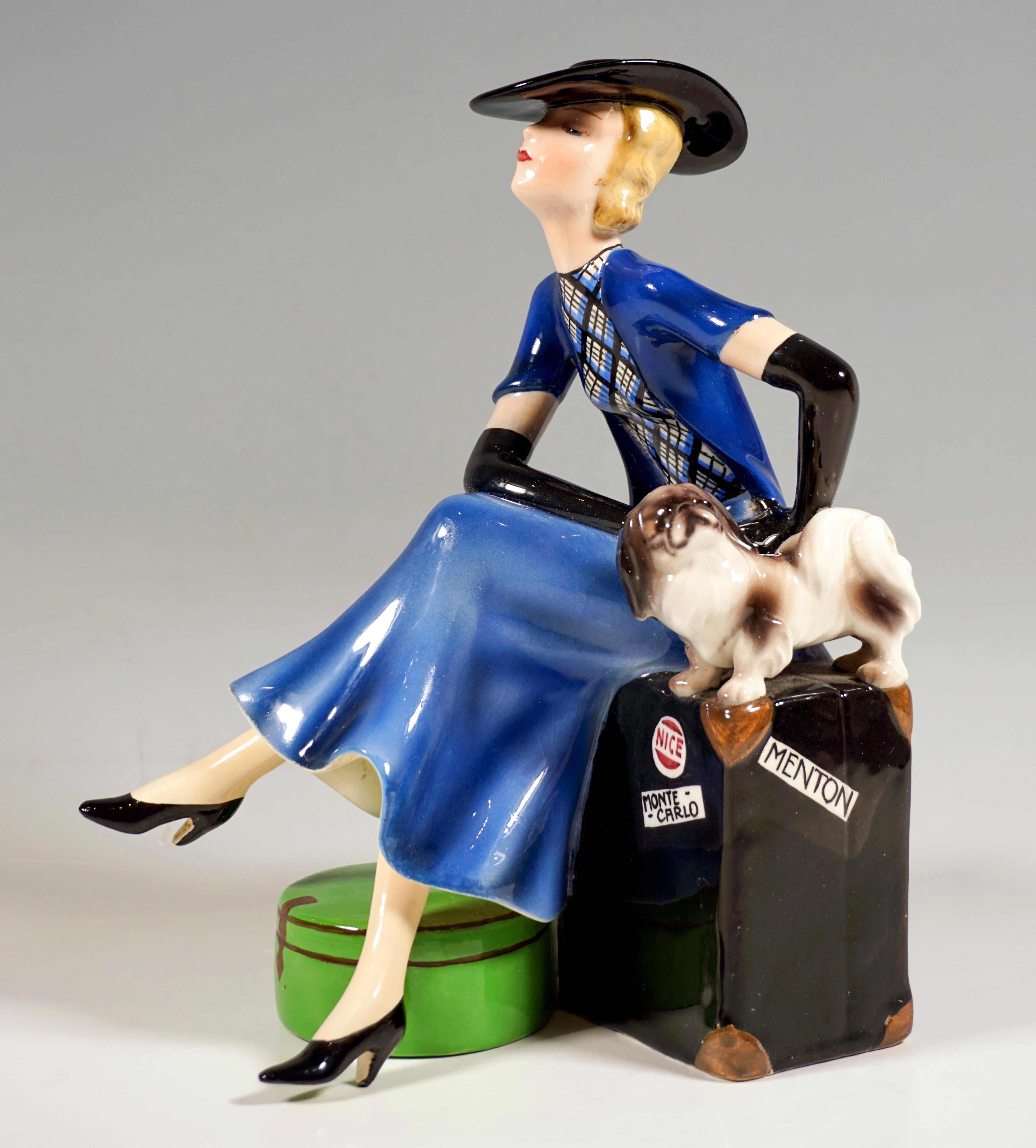 Hand-Crafted Goldscheider Vienna Lady with Pekingese Sitting on a Suitcase, by Dakon, C. 1936
