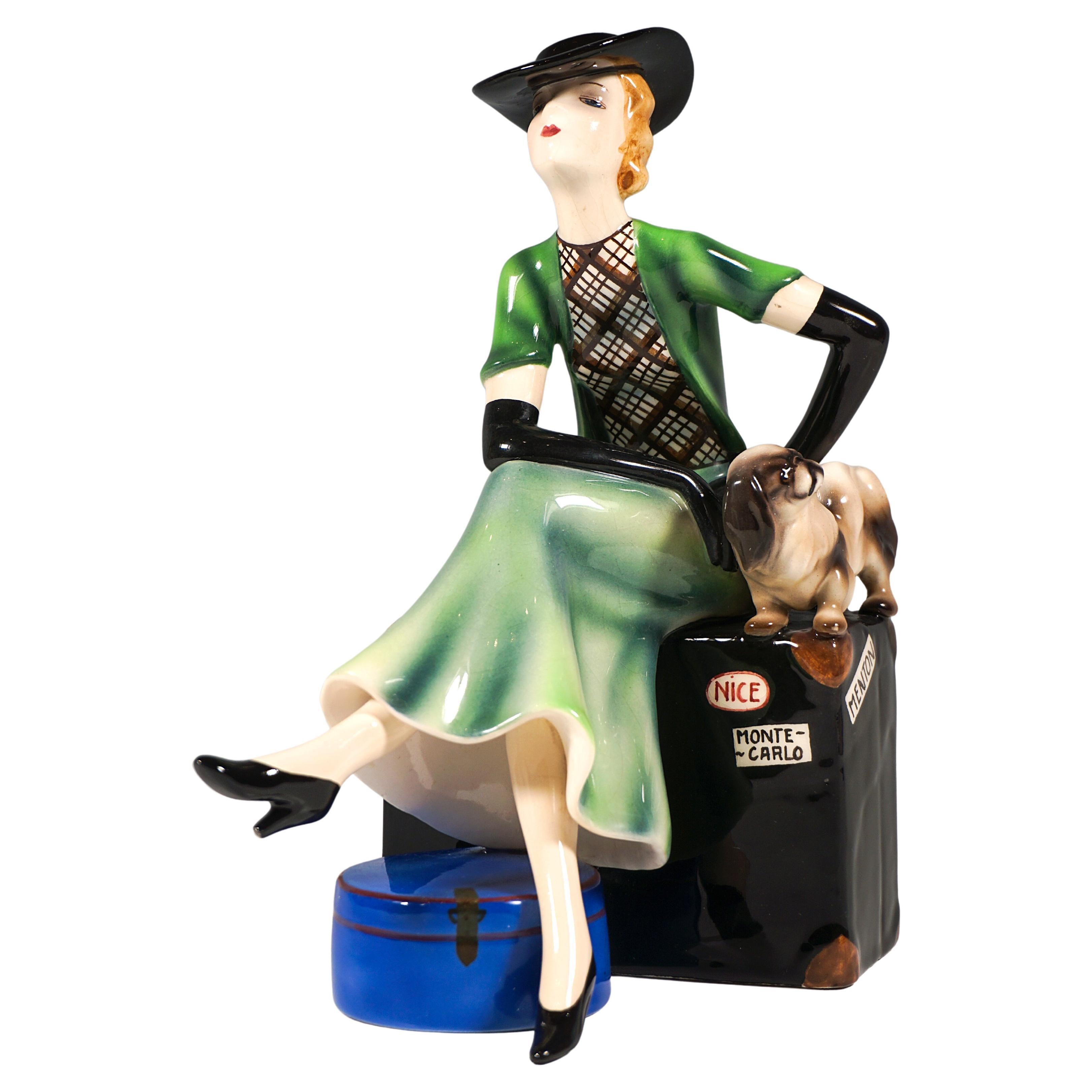 Goldscheider Vienna Lady With Pekingese Sitting On A Suitcase, Dakon, Circa 1936 For Sale