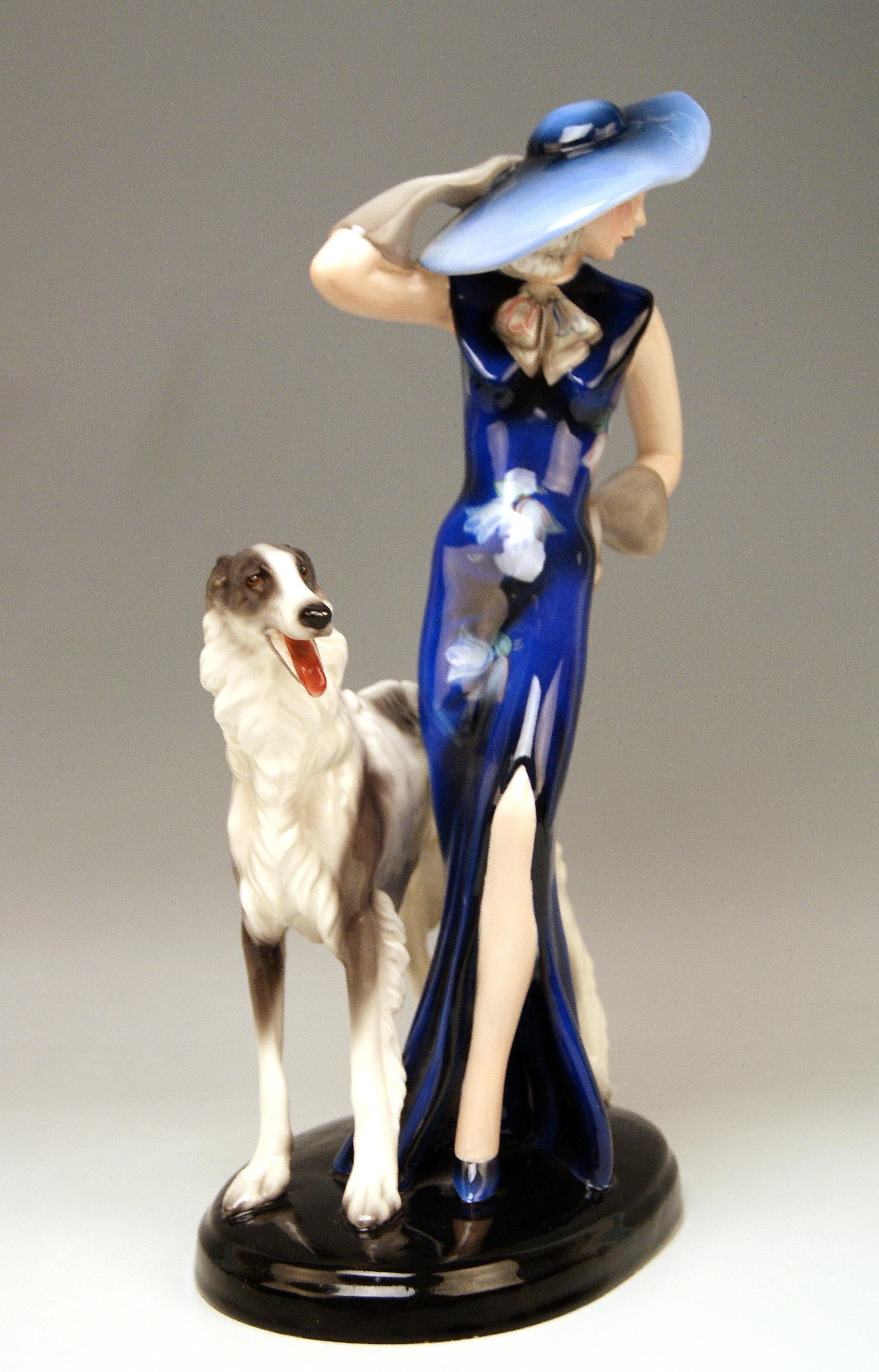 Painted Goldscheider Vienna Lady with Russian Greyhound Dog Model 7367 Claire Weiss 1936