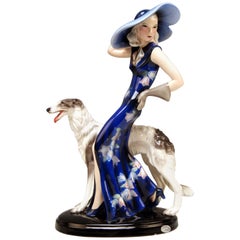 Vintage Goldscheider Vienna Lady with Russian Greyhound Dog Model 7367 Claire Weiss 1936