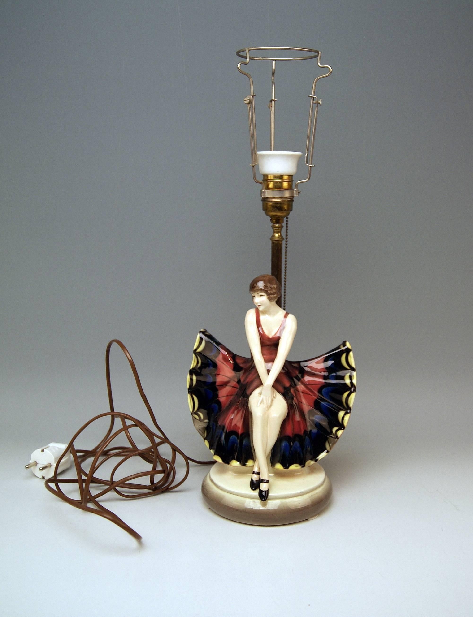 Goldscheider Vienna gorgeous table lamp with butterfly lady figurine

Model created by Josef Lorenzl (1892-1950) / one of the most important designers having been active for Goldscheider manufactory in period of 1920-1940 / designed, circa