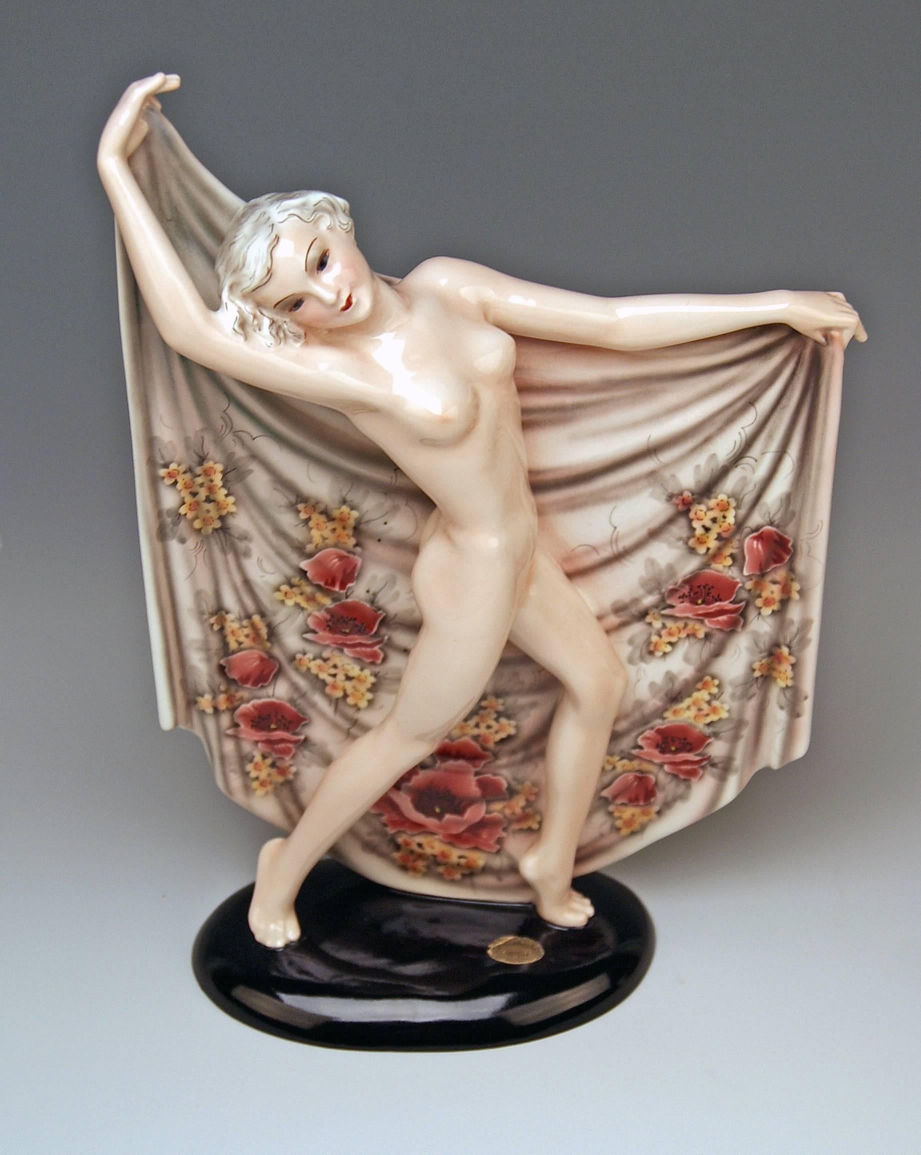 Mid-20th Century Goldscheider Vienna Nude Lady Dancer with Cloth Painted Flowers Nr. 8377