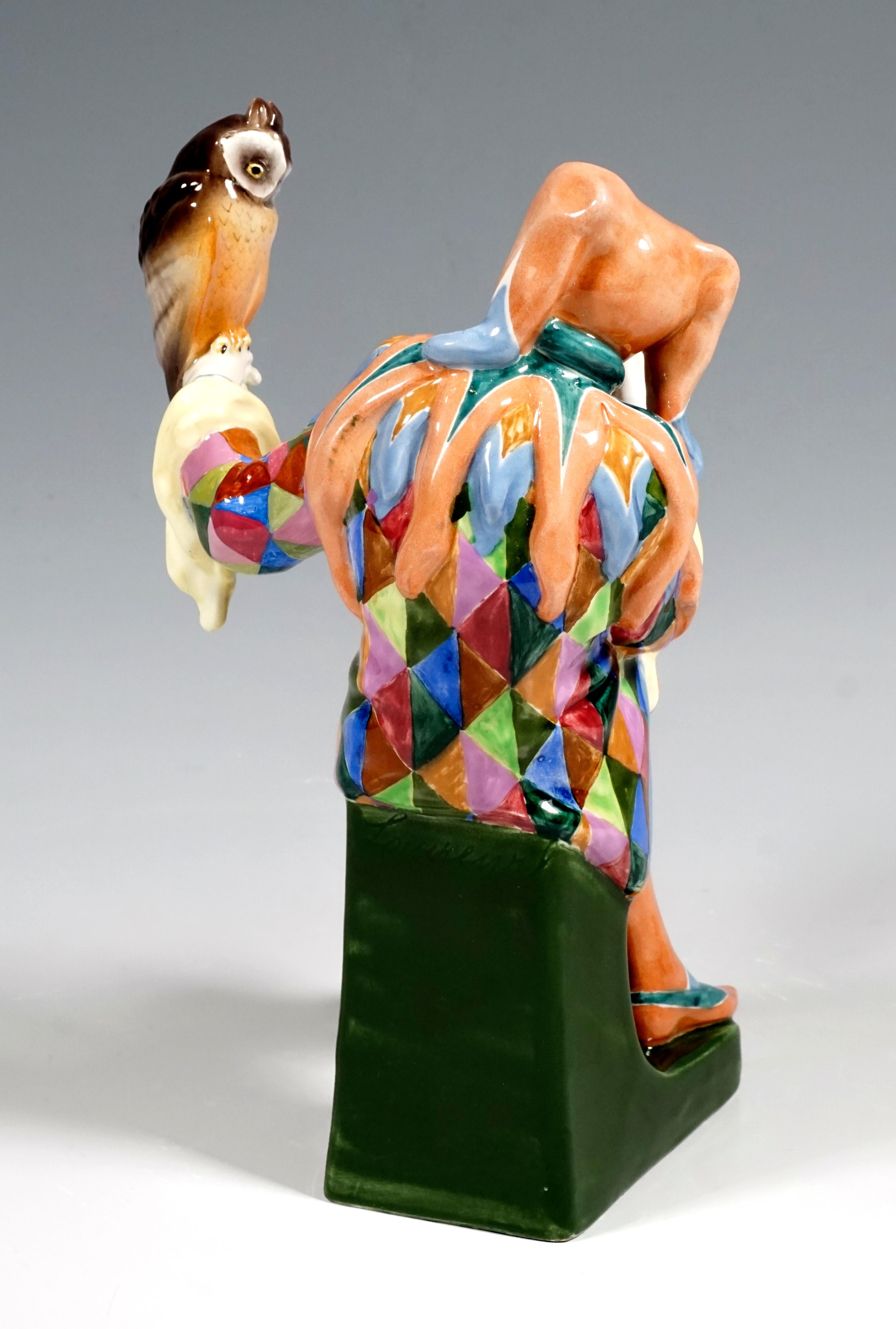 Art Deco Goldscheider Vienna 'Owlglass' Jester with Owl by Josef Lorenzl, c. 1925-30