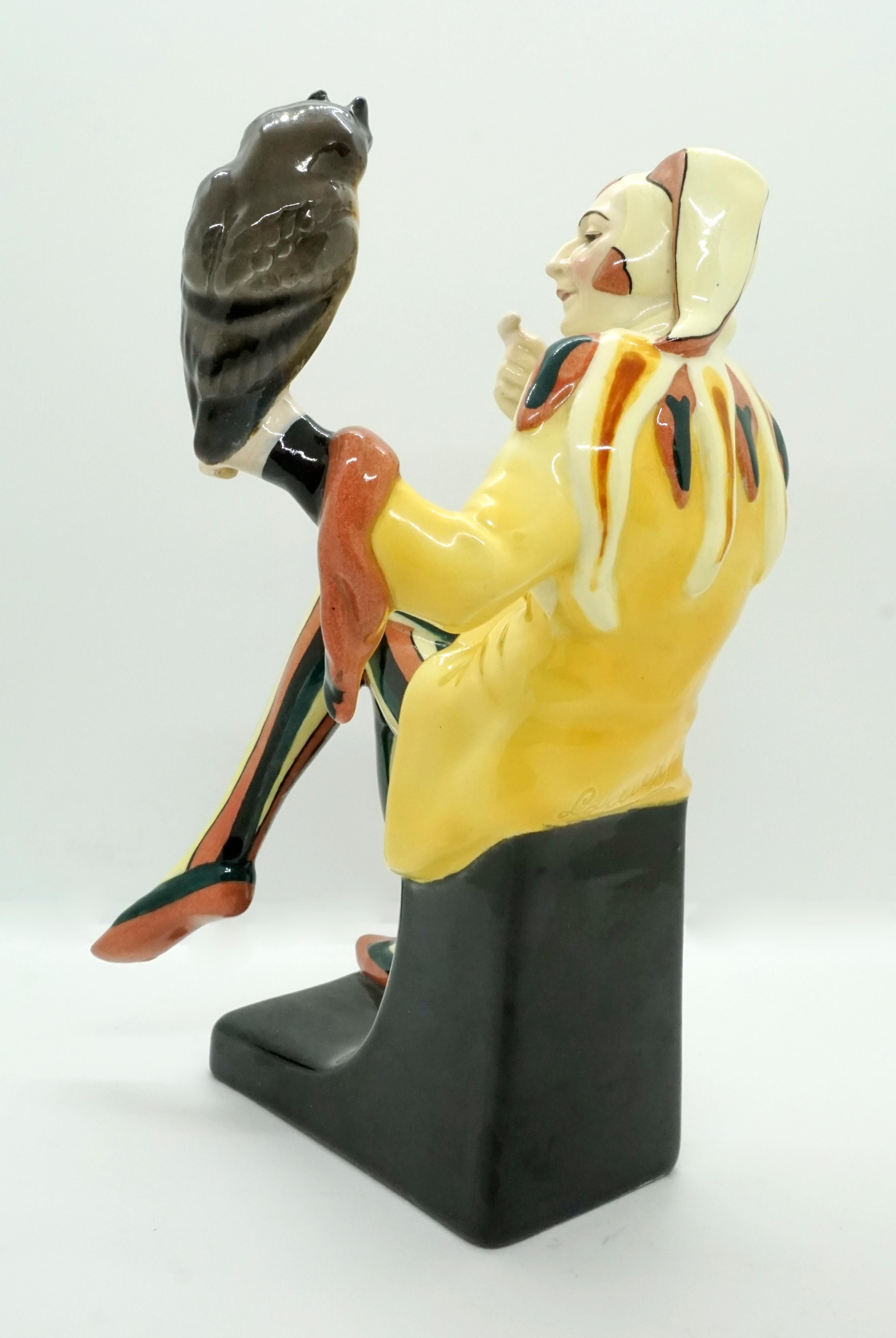 Austrian Goldscheider Vienna 'Owlglass' Jester with Owl by Josef Lorenzl, circa 1925-1930 For Sale