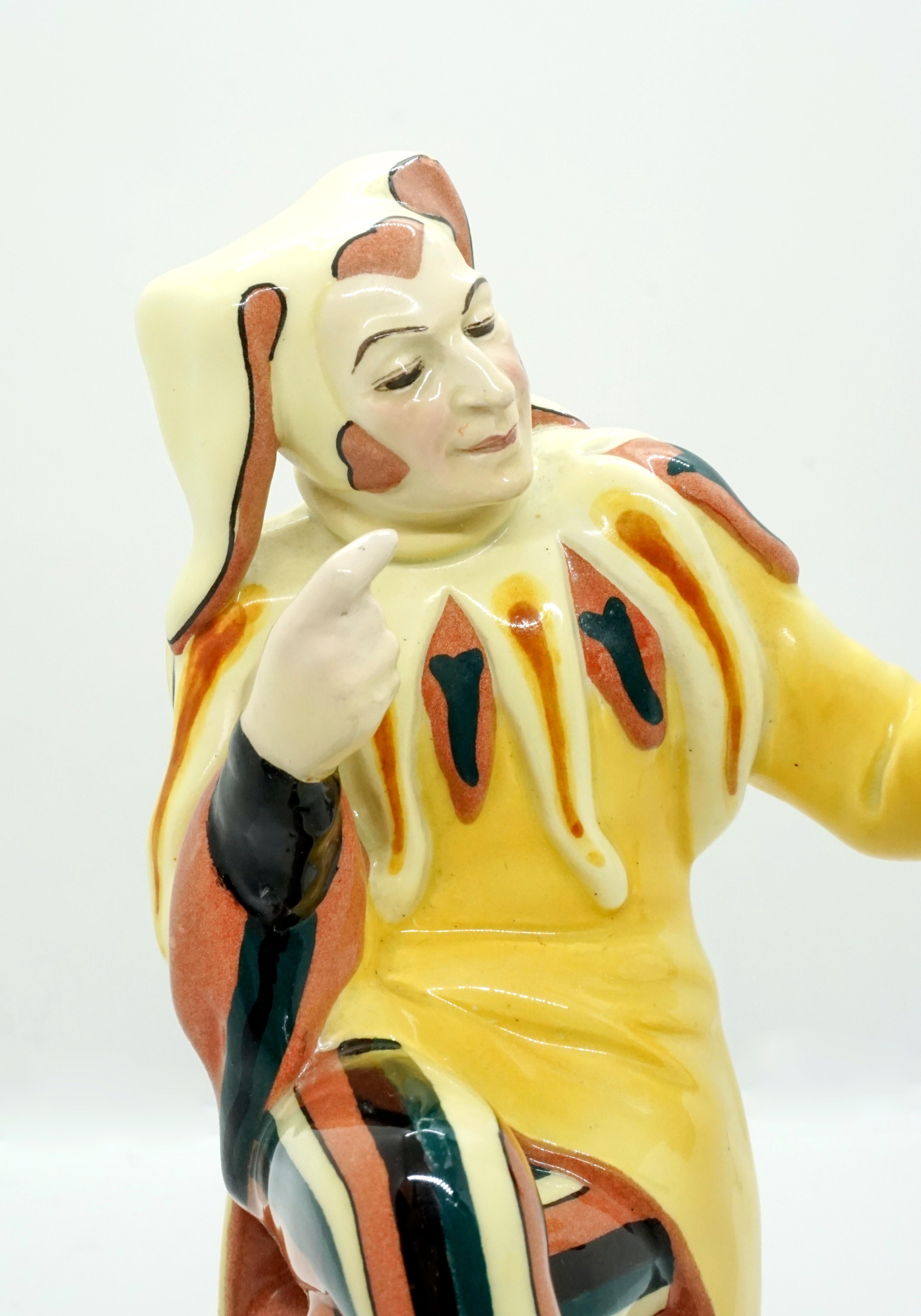 Hand-Painted Goldscheider Vienna 'Owlglass' Jester with Owl by Josef Lorenzl, circa 1925-1930 For Sale