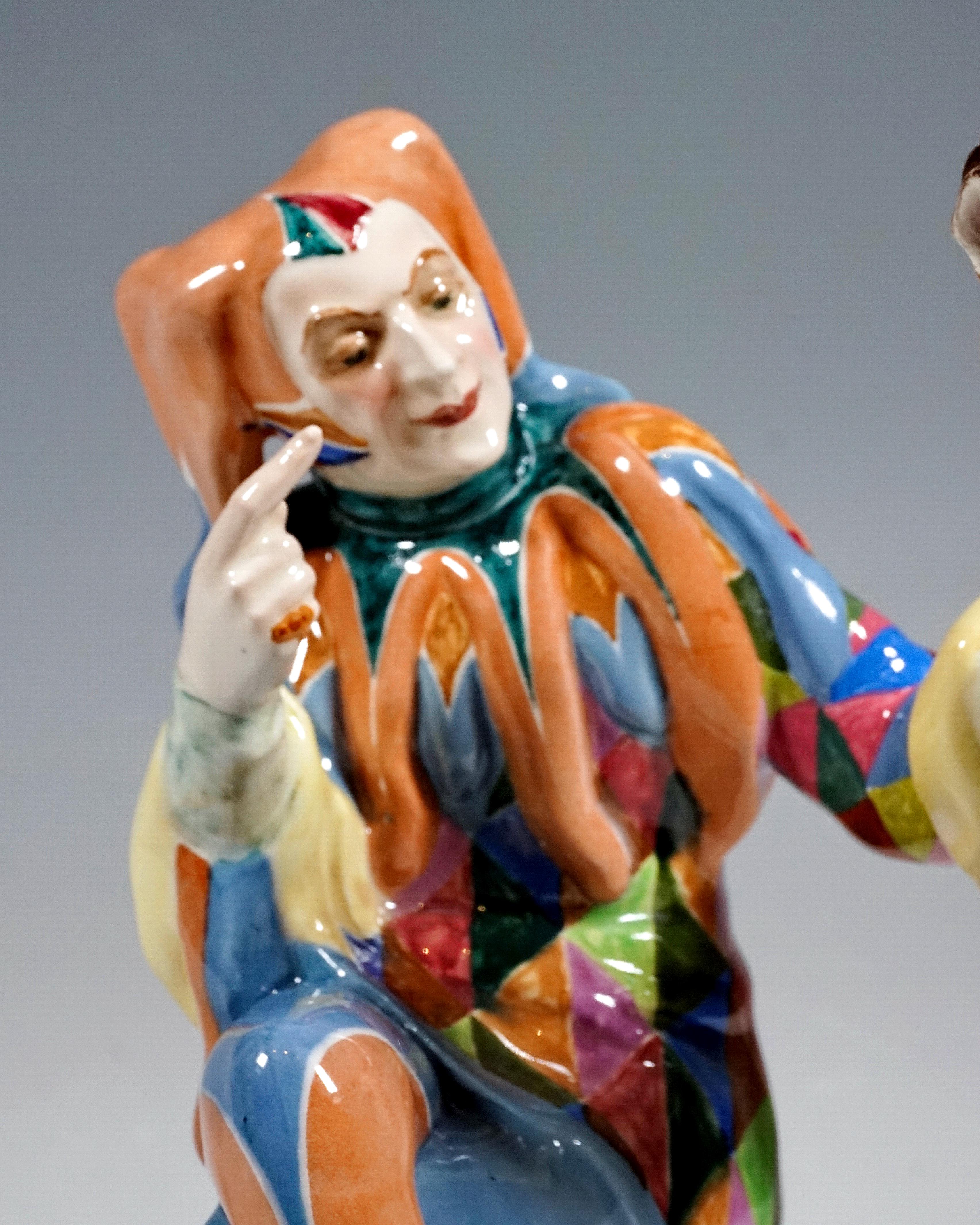 Hand-Painted Goldscheider Vienna 'Owlglass' Jester with Owl by Josef Lorenzl, c. 1925-30
