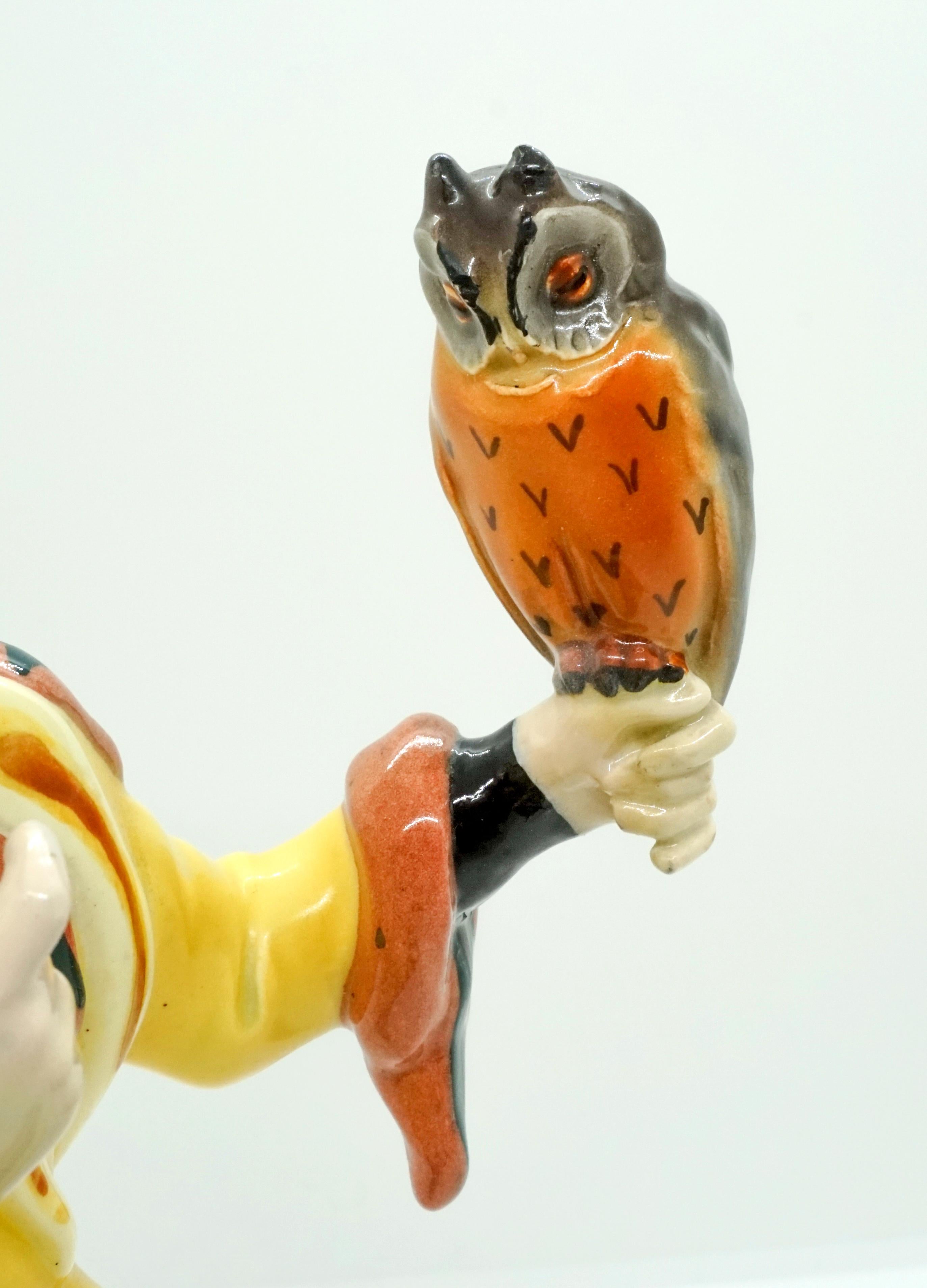 Early 20th Century Goldscheider Vienna 'Owlglass' Jester with Owl by Josef Lorenzl, circa 1925-1930 For Sale