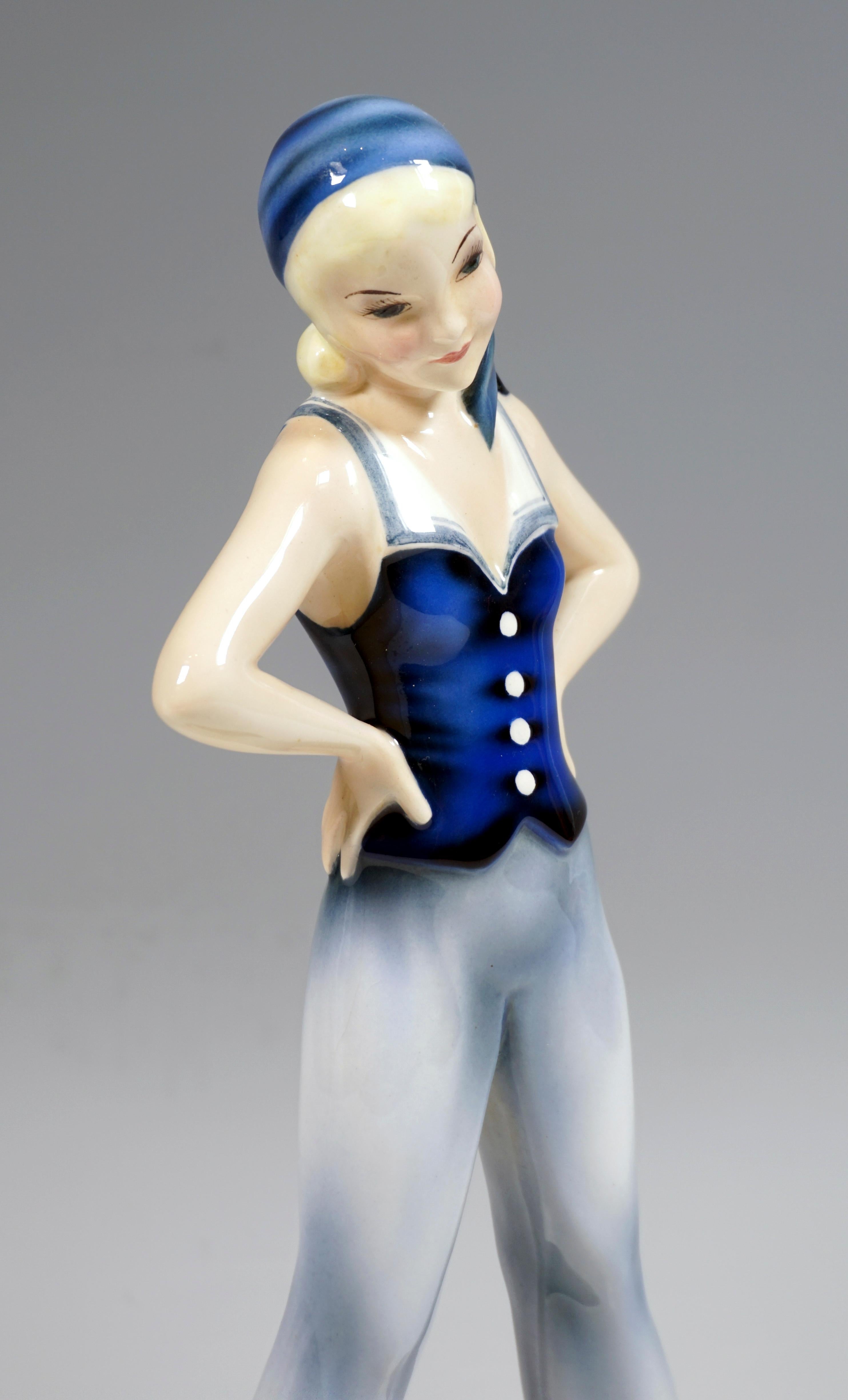 Austrian Goldscheider Vienna 'Sailor Girl' in Flared Pants by Stephan Dakon, c. 1933 For Sale