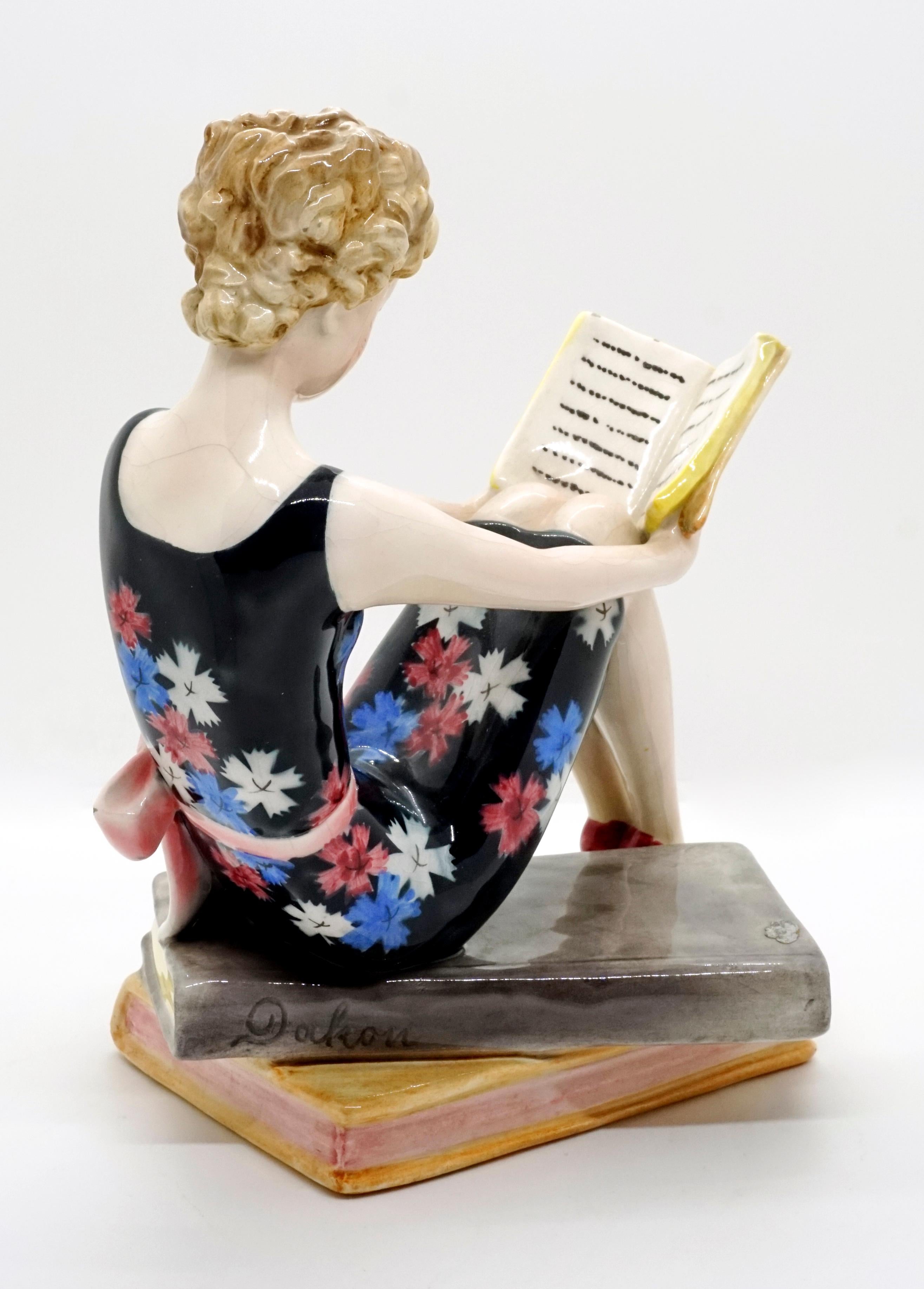 Art Deco Goldscheider Vienna Seated Reading Young Lady on Book Base by Dakon, circa 1936