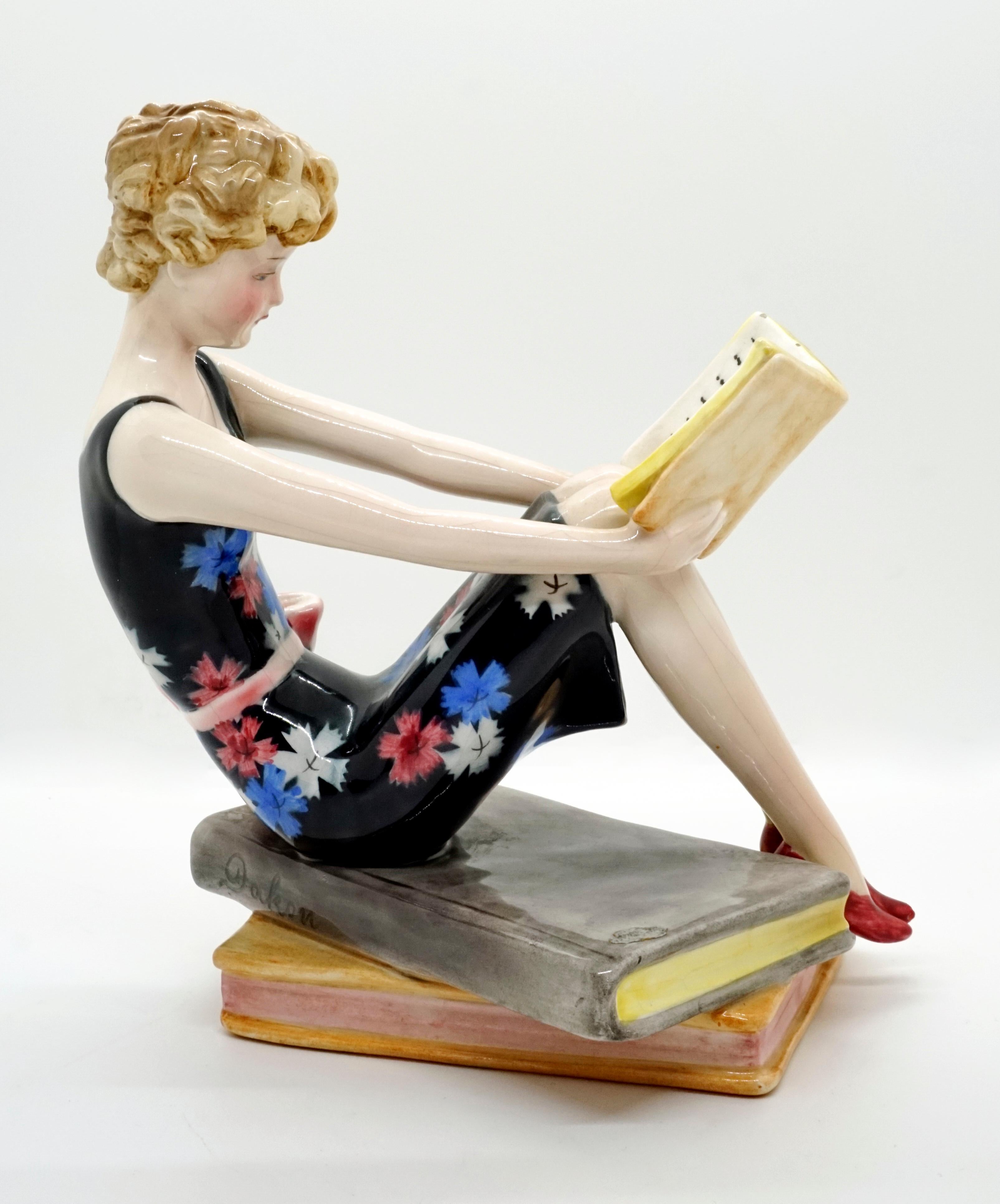 Austrian Goldscheider Vienna Seated Reading Young Lady on Book Base by Dakon, circa 1936