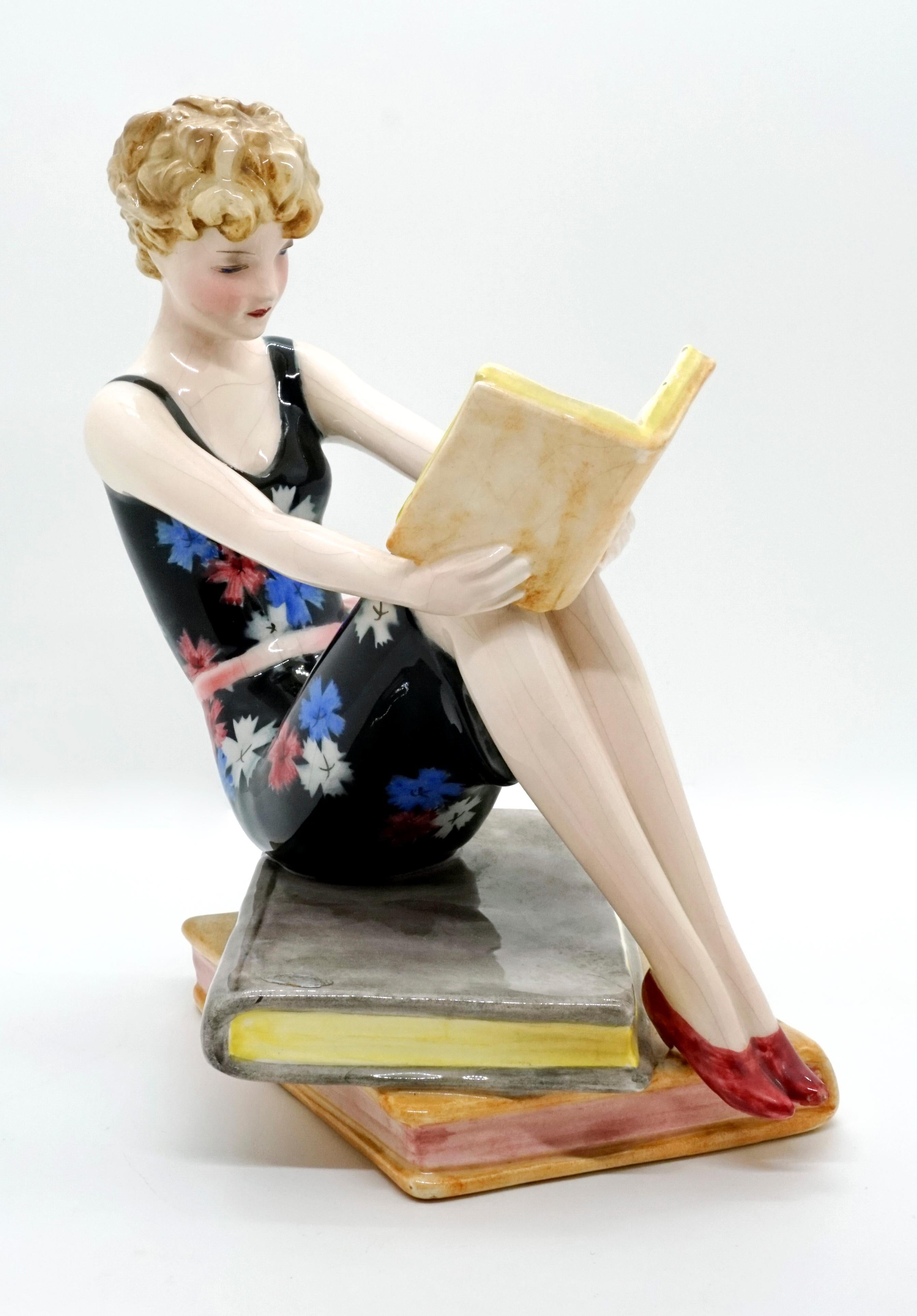Hand-Painted Goldscheider Vienna Seated Reading Young Lady on Book Base by Dakon, circa 1936