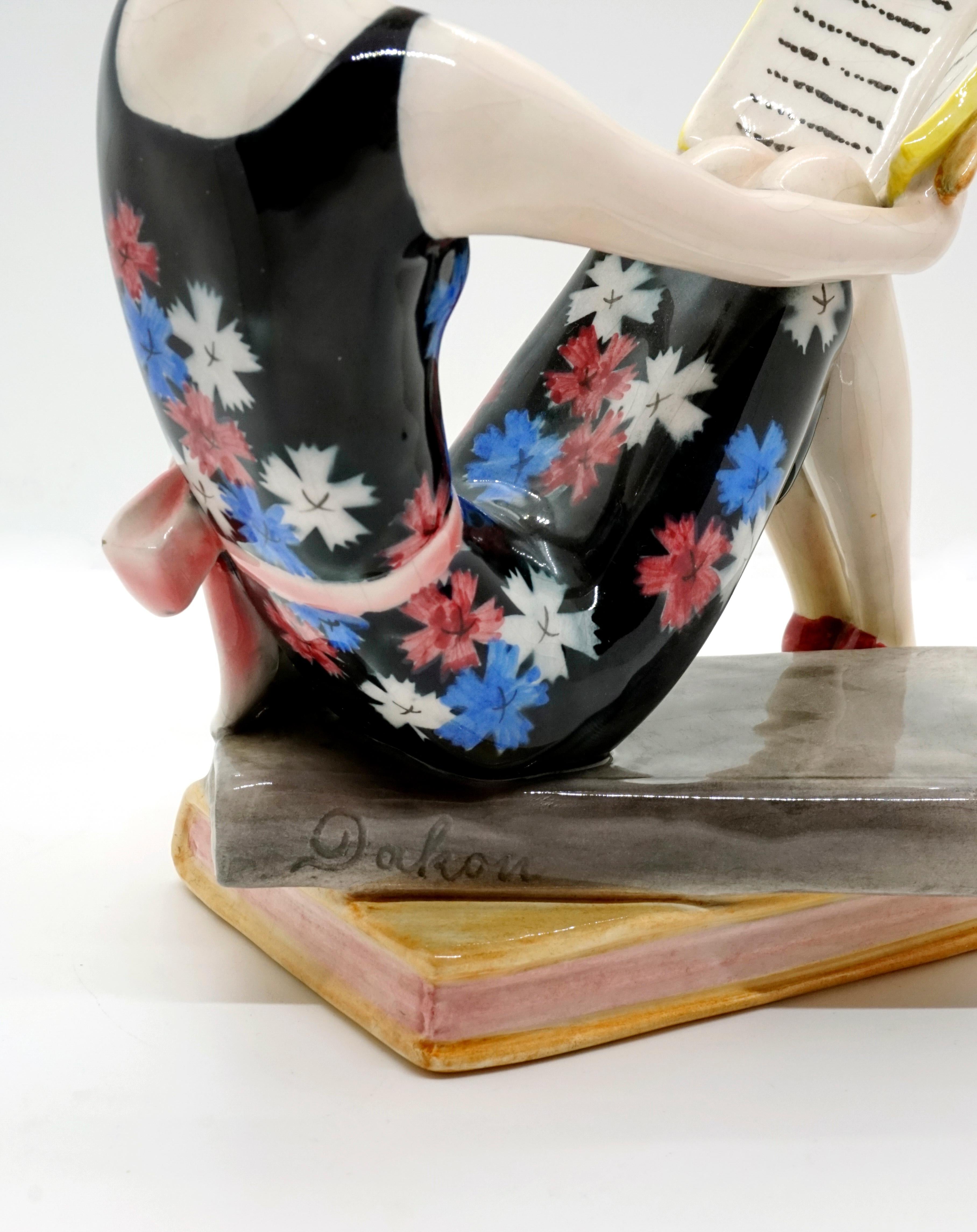 Ceramic Goldscheider Vienna Seated Reading Young Lady on Book Base by Dakon, circa 1936
