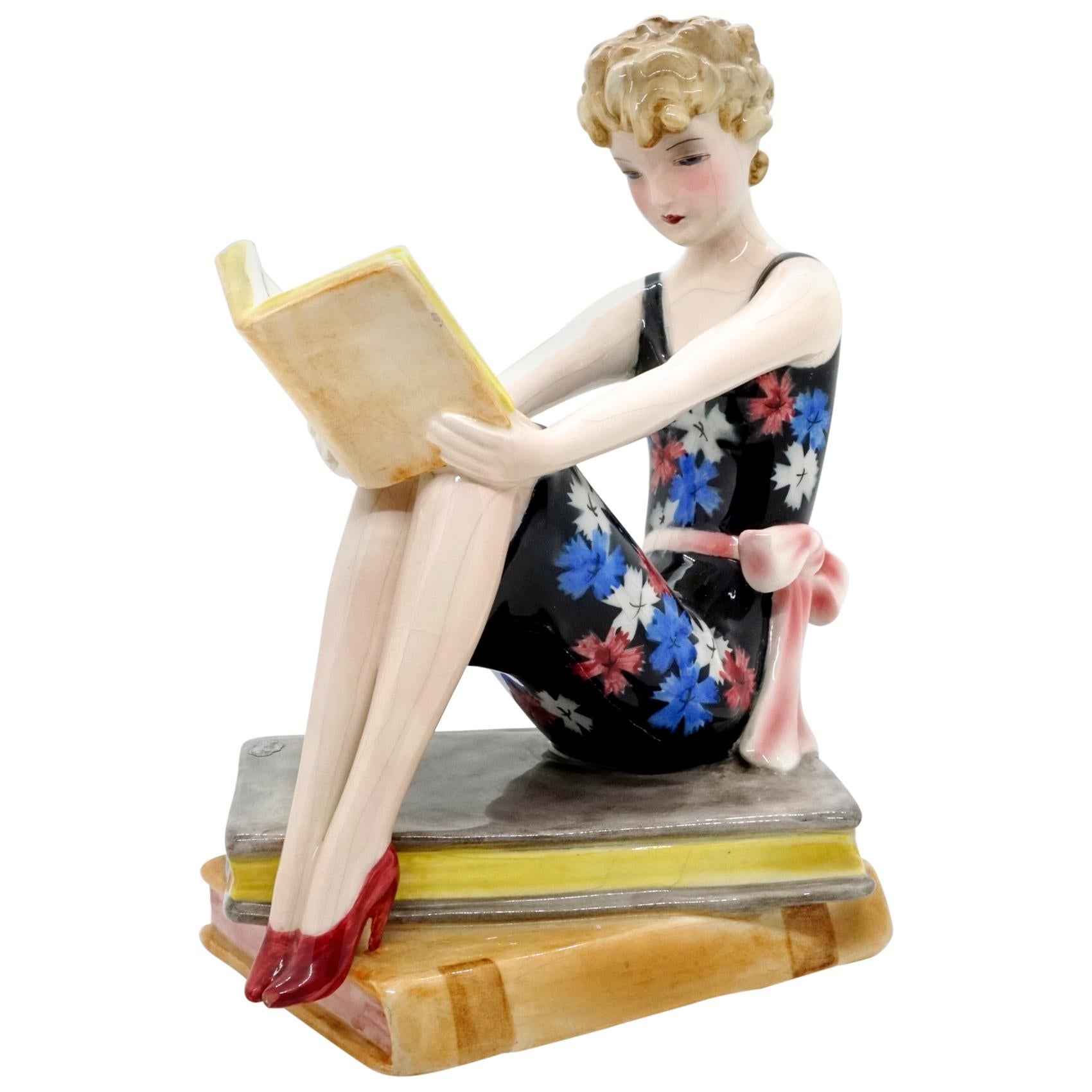 Goldscheider Vienna Seated Reading Young Lady on Book Base by Dakon, circa 1936