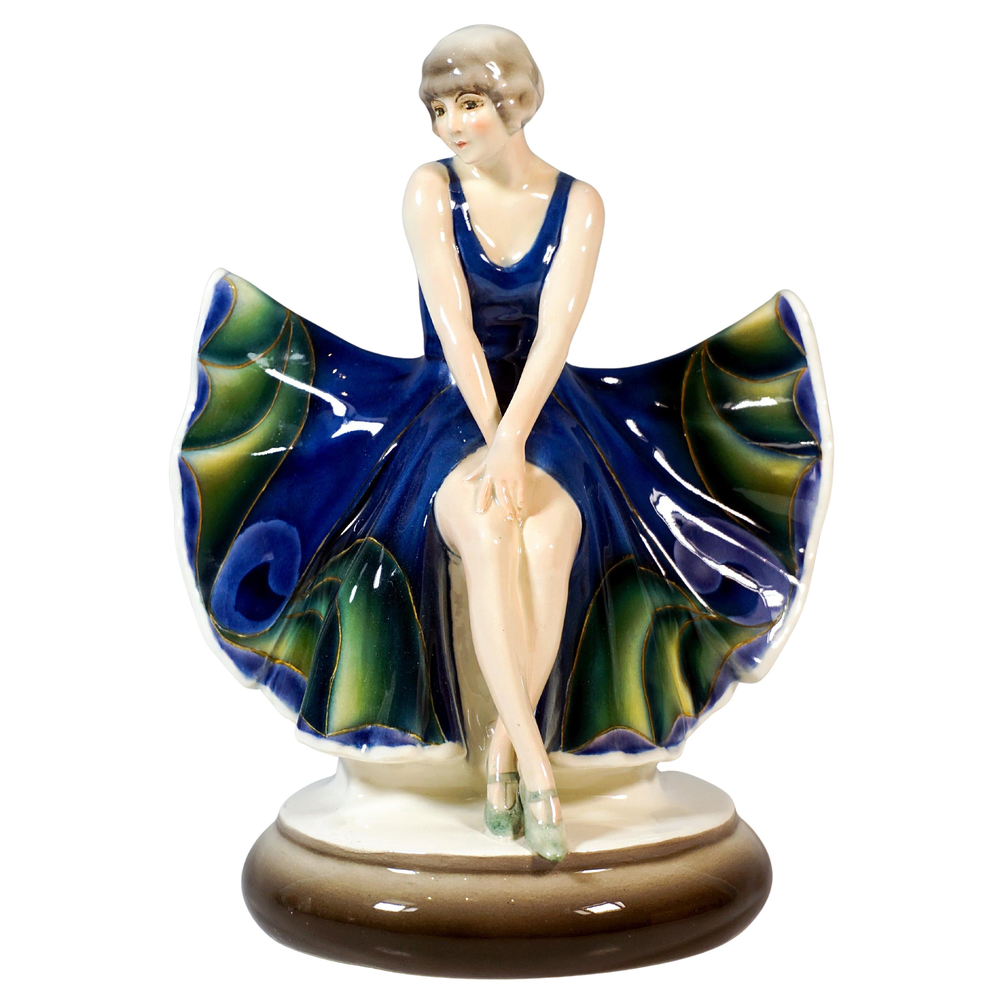 Goldscheider Vienna, Sitting Dancer in Butterfly Dress, by Josef Lorenzl, c 1926 For Sale